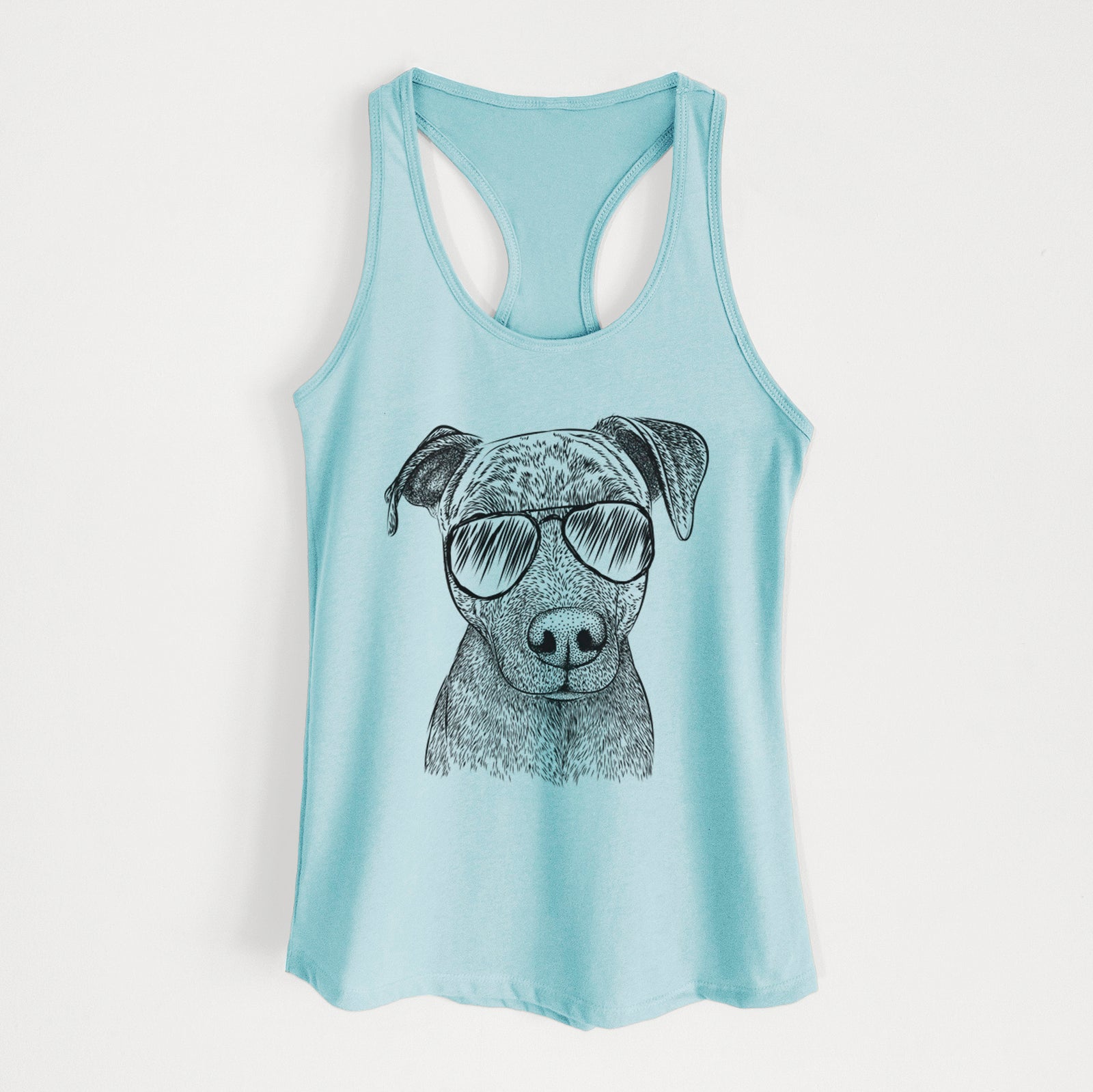Hand-drawn sketch of Reeses the Pitbull wearing aviator sunglasses on a Cancun Blue Women's racerback tanktop