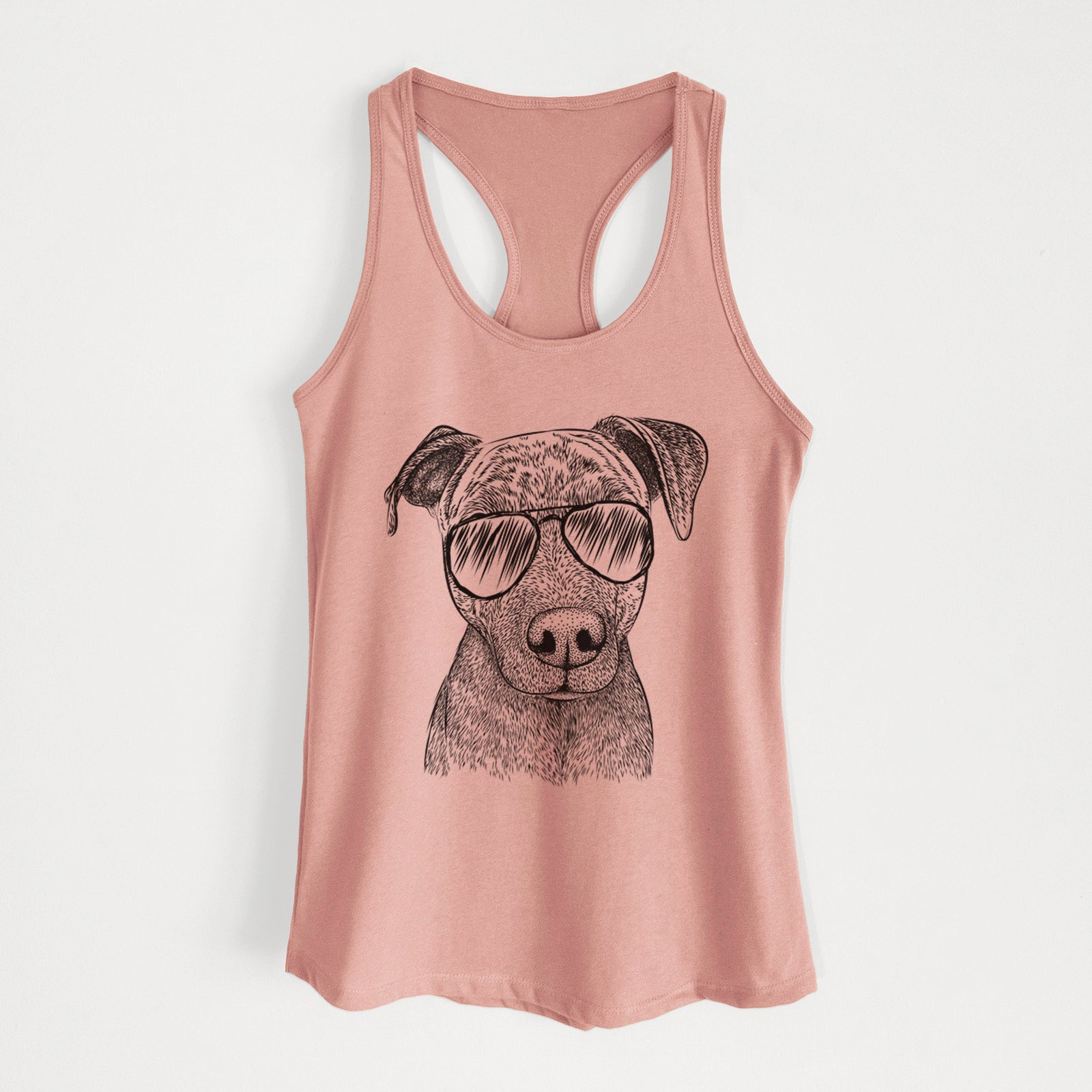 Hand-drawn sketch of Reeses the Pitbull wearing aviator sunglasses on a Desert Pink Women's racerback tanktop