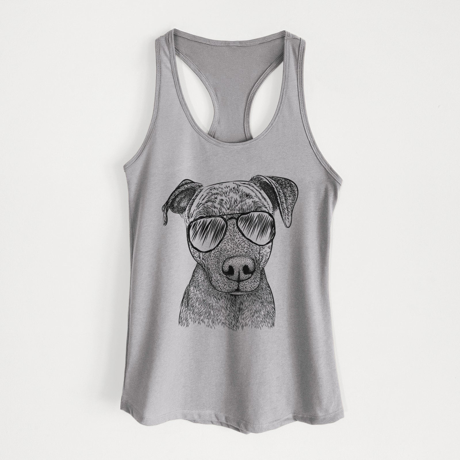 Hand-drawn sketch of Reeses the Pitbull wearing aviator sunglasses on a Heather Grey Women's racerback tanktop