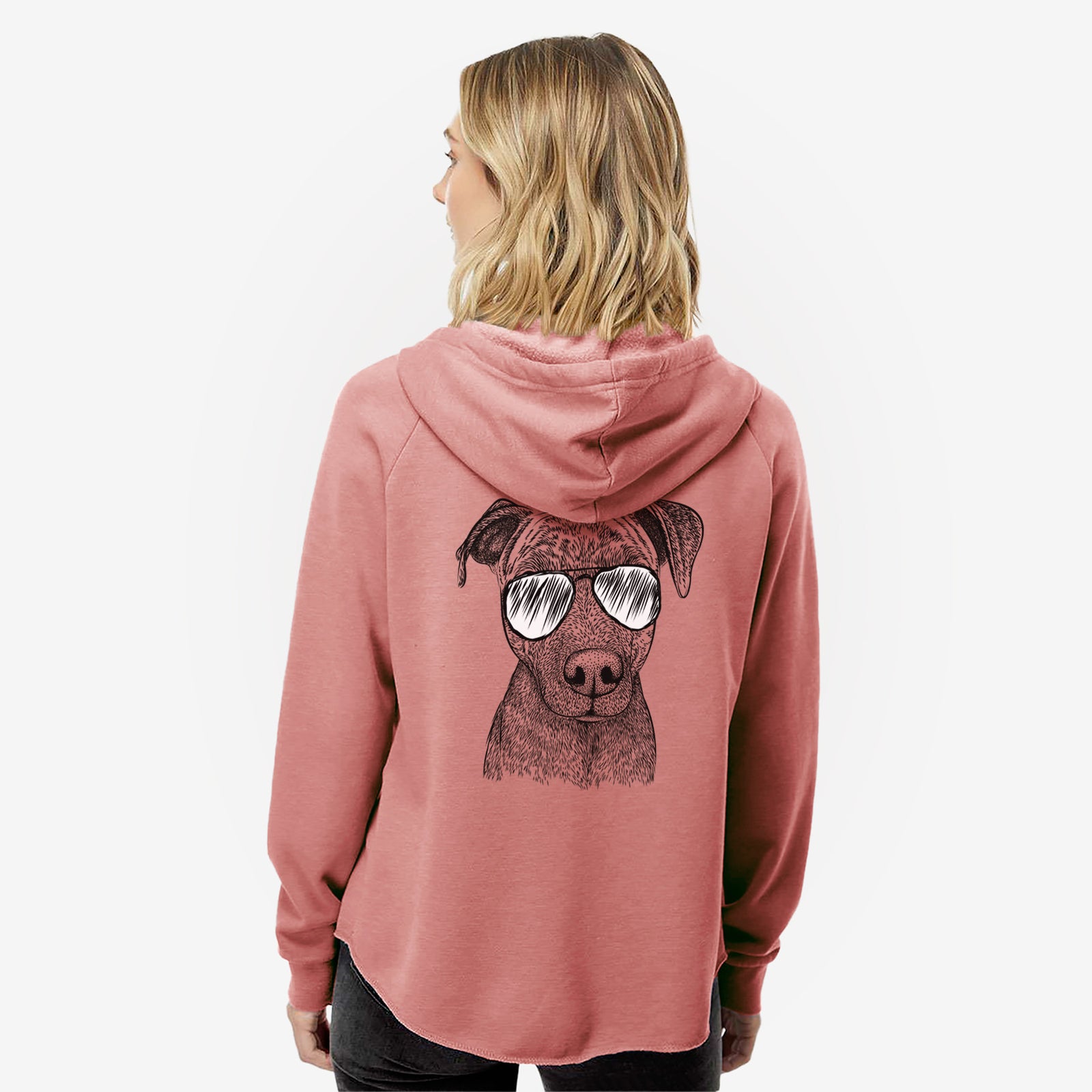 Hand-drawn sketch of Reeses the Pitbull wearing aviator sunglasses on a Dusty Rose Women's cali wave zip-up sweatshirt