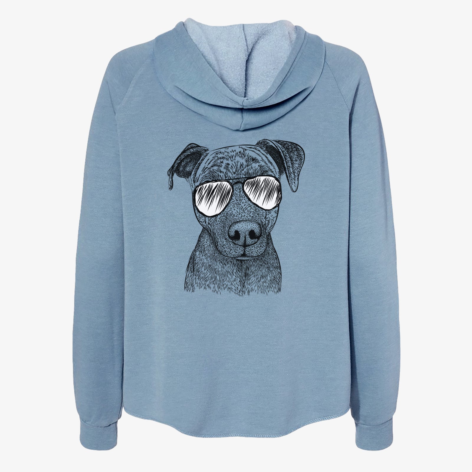 Hand-drawn sketch of Reeses the Pitbull wearing aviator sunglasses on a Misty Blue Women's cali wave zip-up sweatshirt