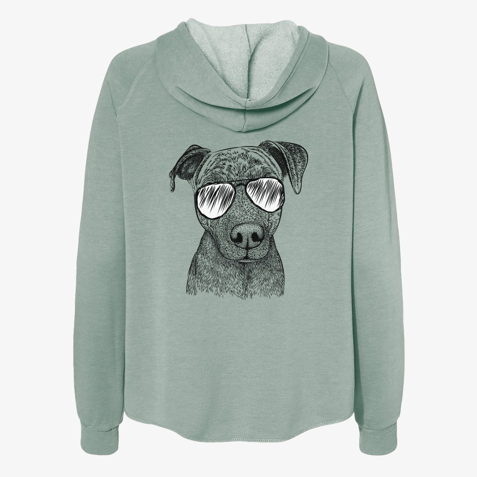 Hand-drawn sketch of Reeses the Pitbull wearing aviator sunglasses on a Sage Women's cali wave zip-up sweatshirt