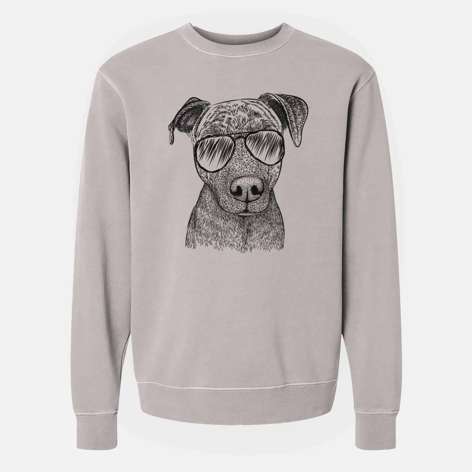 Hand-drawn sketch of Reeses the Pitbull wearing aviator sunglasses on a Cement Unisex pigment dyed crew sweatshirt