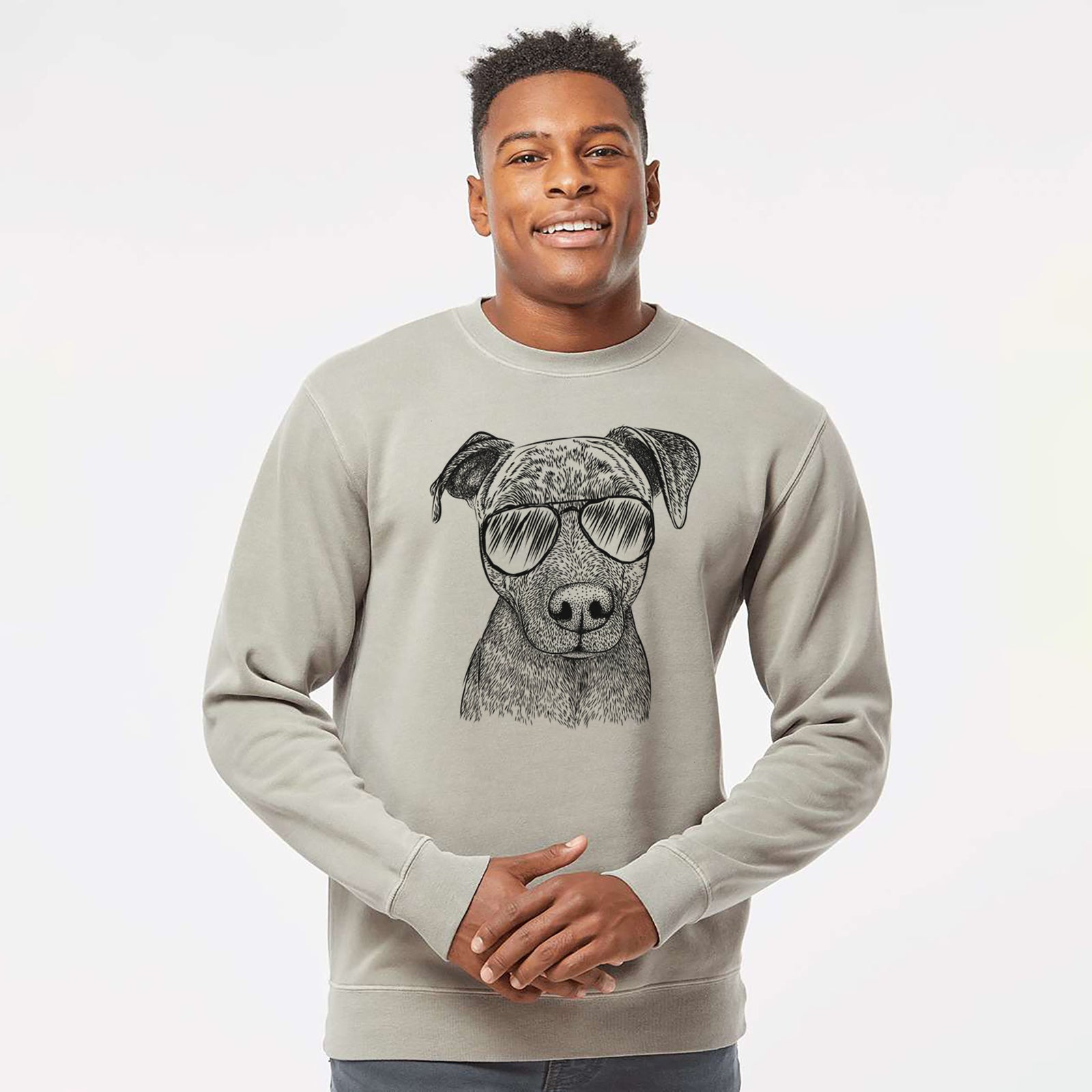 Hand-drawn sketch of Reeses the Pitbull wearing aviator sunglasses on a Cement Unisex pigment dyed crew sweatshirt