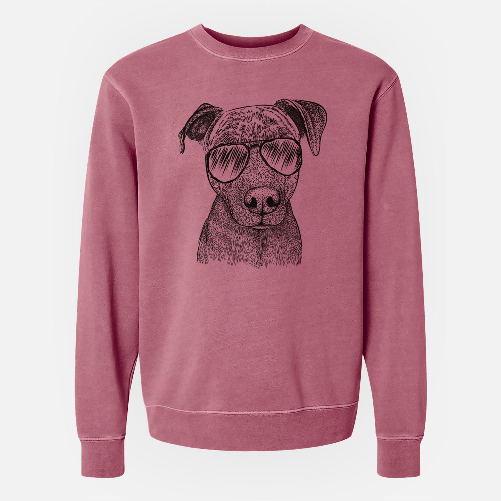 Hand-drawn sketch of Reeses the Pitbull wearing aviator sunglasses on a Maroon Unisex pigment dyed crew sweatshirt