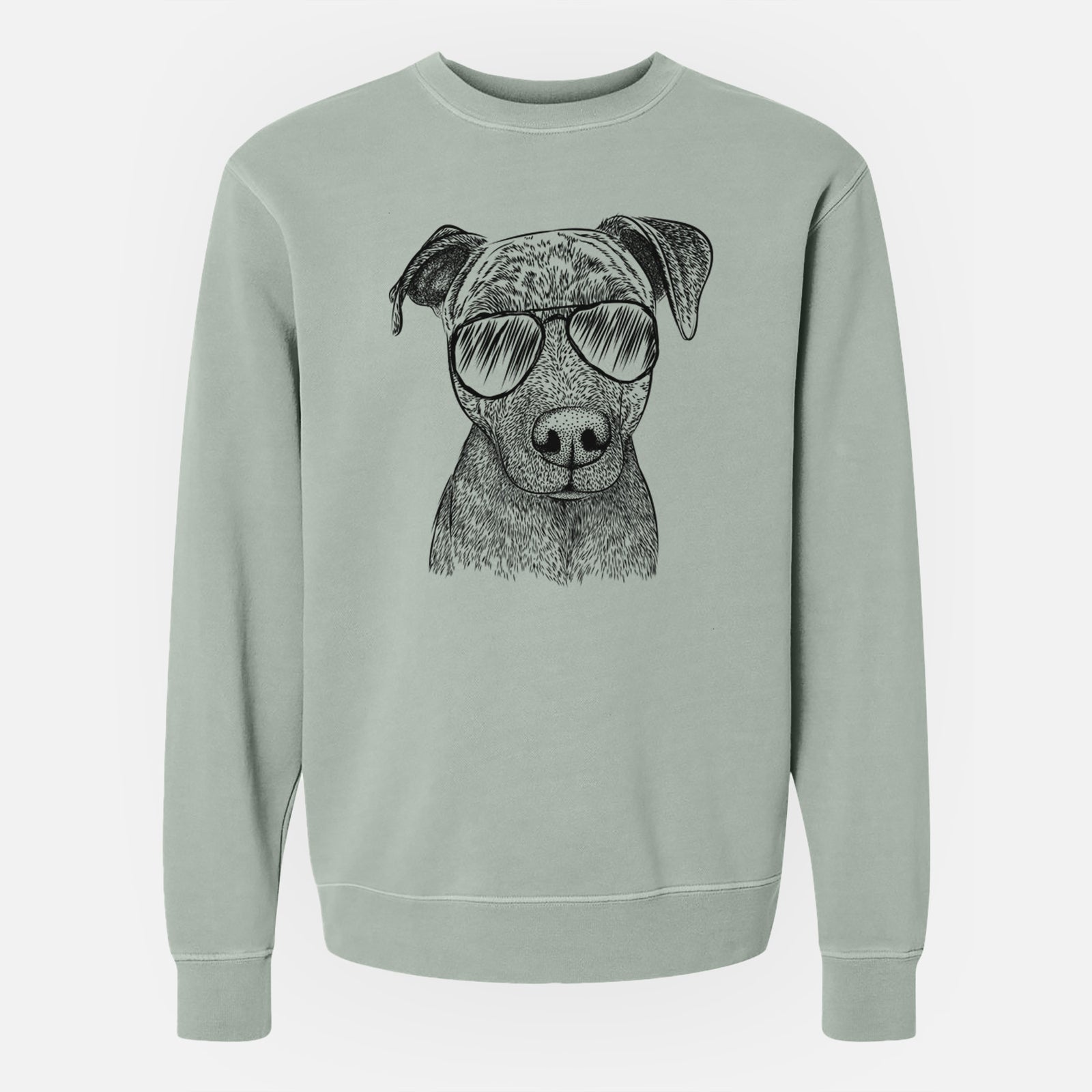 Hand-drawn sketch of Reeses the Pitbull wearing aviator sunglasses on a Sage Unisex pigment dyed crew sweatshirt