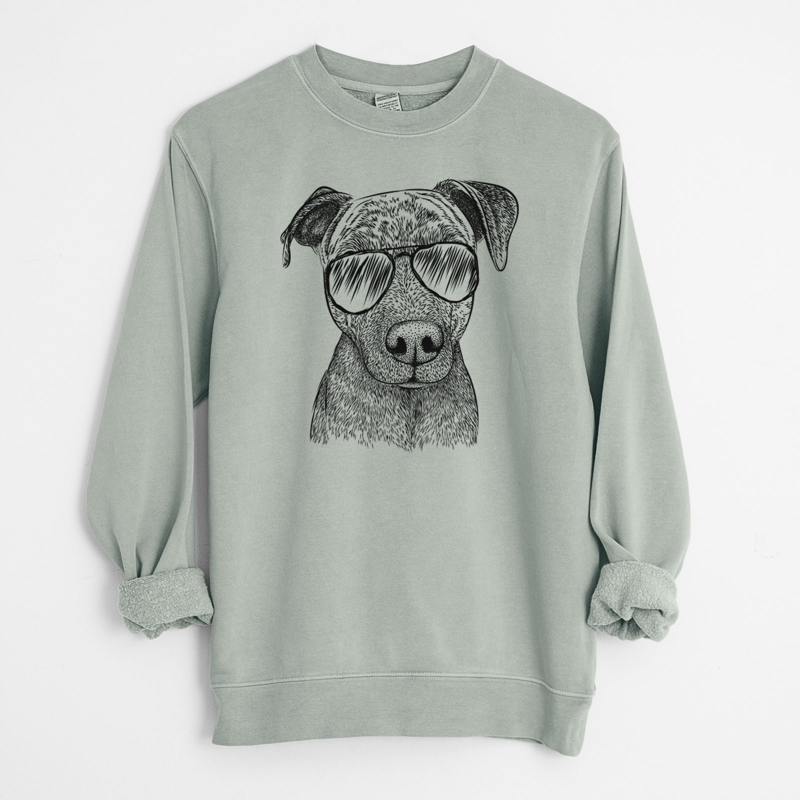 Hand-drawn sketch of Reeses the Pitbull wearing aviator sunglasses on a Sage Unisex pigment dyed crew sweatshirt