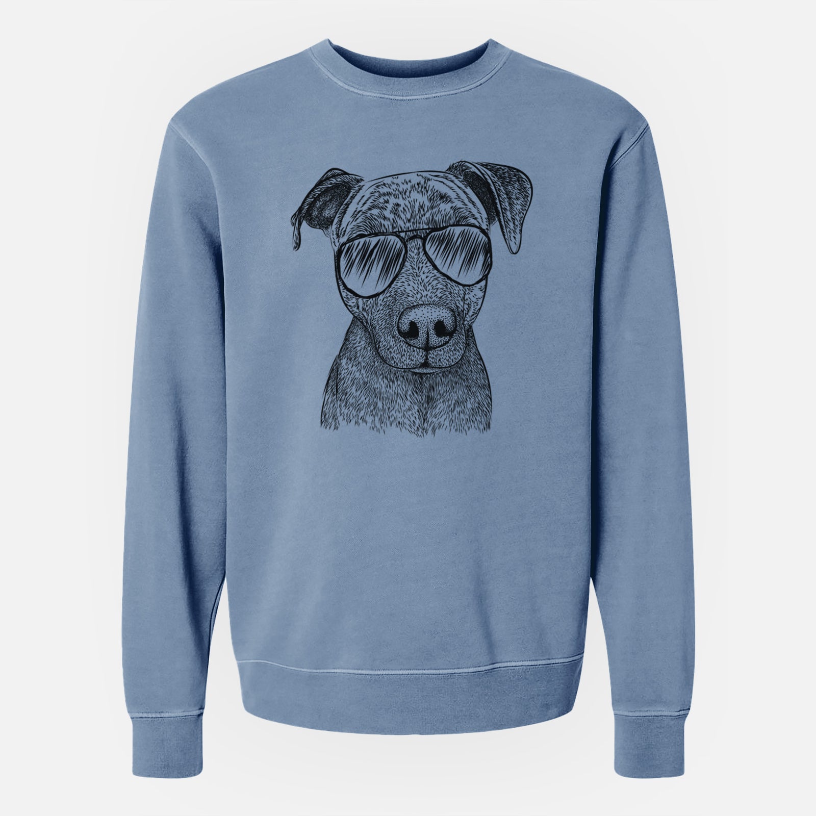 Hand-drawn sketch of Reeses the Pitbull wearing aviator sunglasses on a Slate Blue Unisex pigment dyed crew sweatshirt