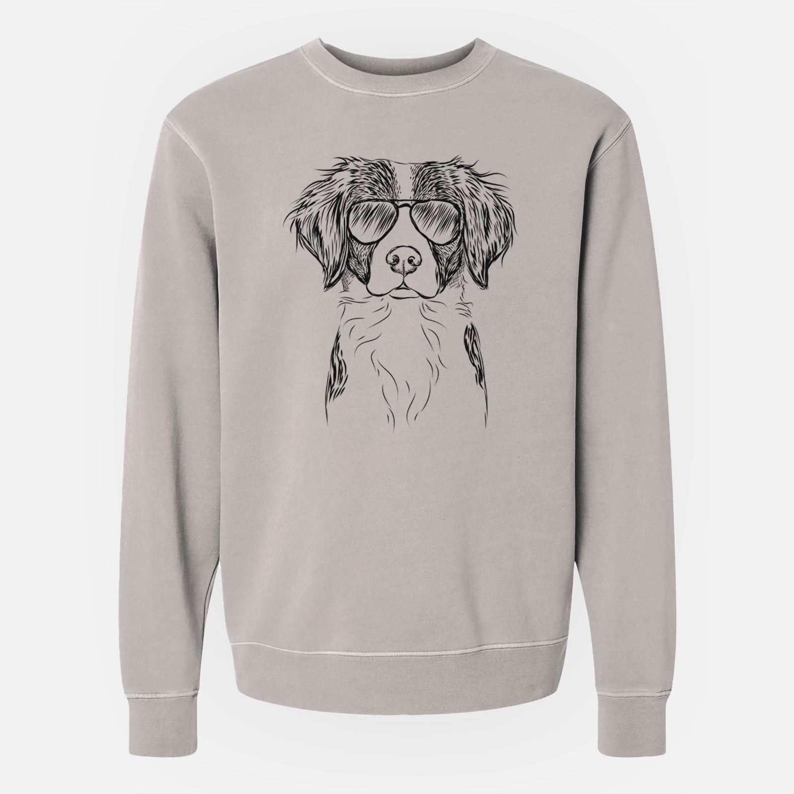 Hand-drawn sketch of Remi the Brittany wearing aviator sunglasses on a Cement Unisex pigment dyed crew sweatshirt