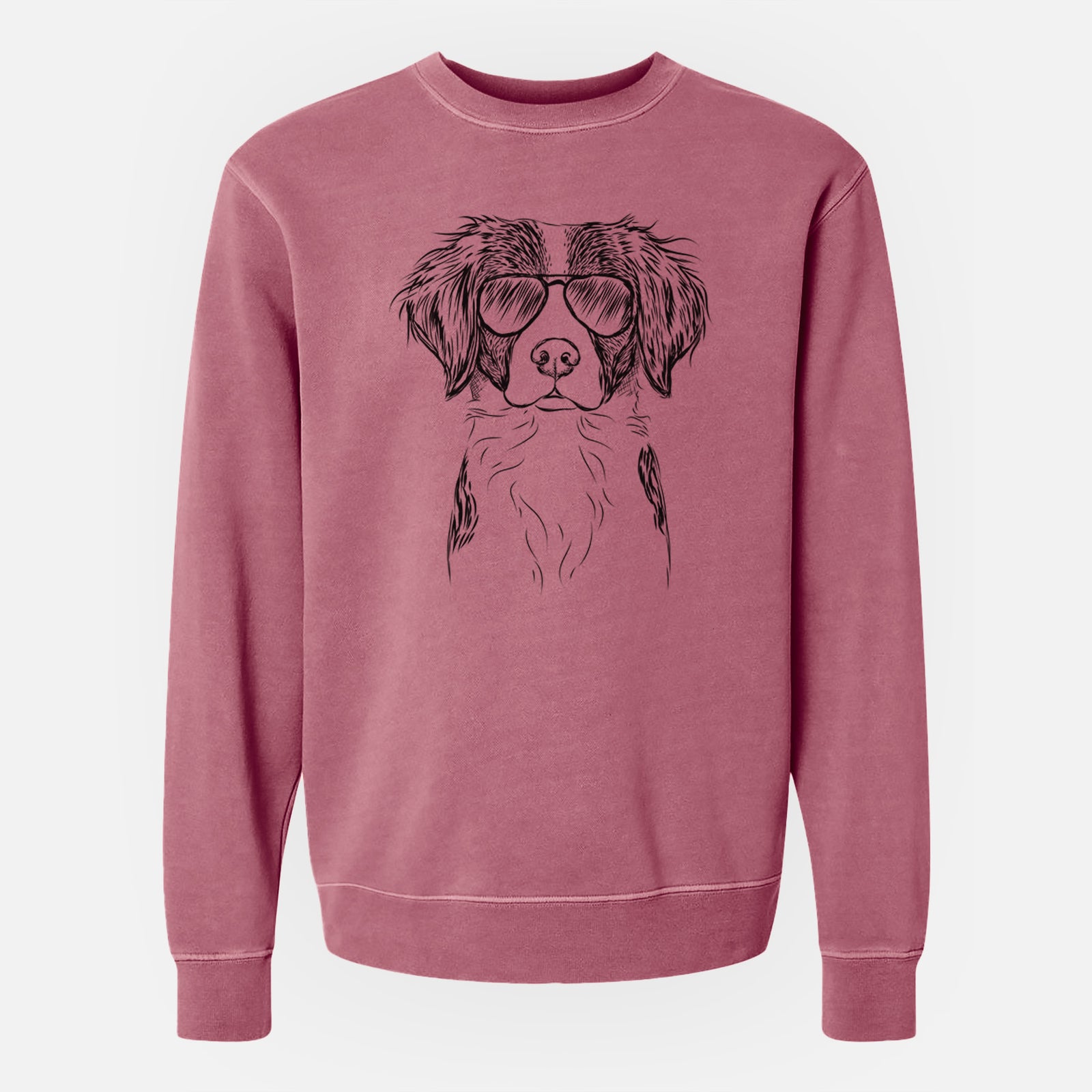 Hand-drawn sketch of Remi the Brittany wearing aviator sunglasses on a Maroon Unisex pigment dyed crew sweatshirt