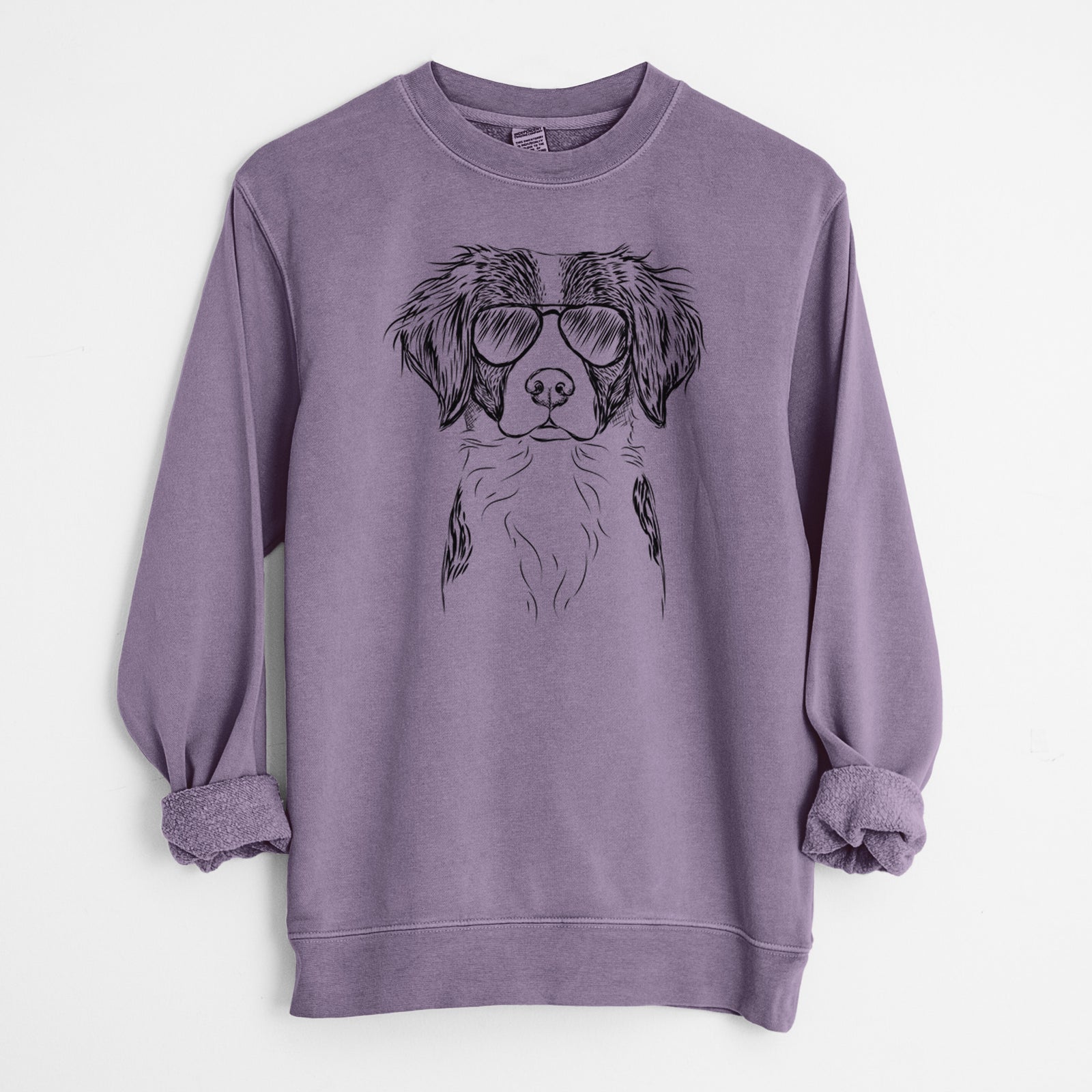 Hand-drawn sketch of Remi the Brittany wearing aviator sunglasses on a Plum Unisex pigment dyed crew sweatshirt
