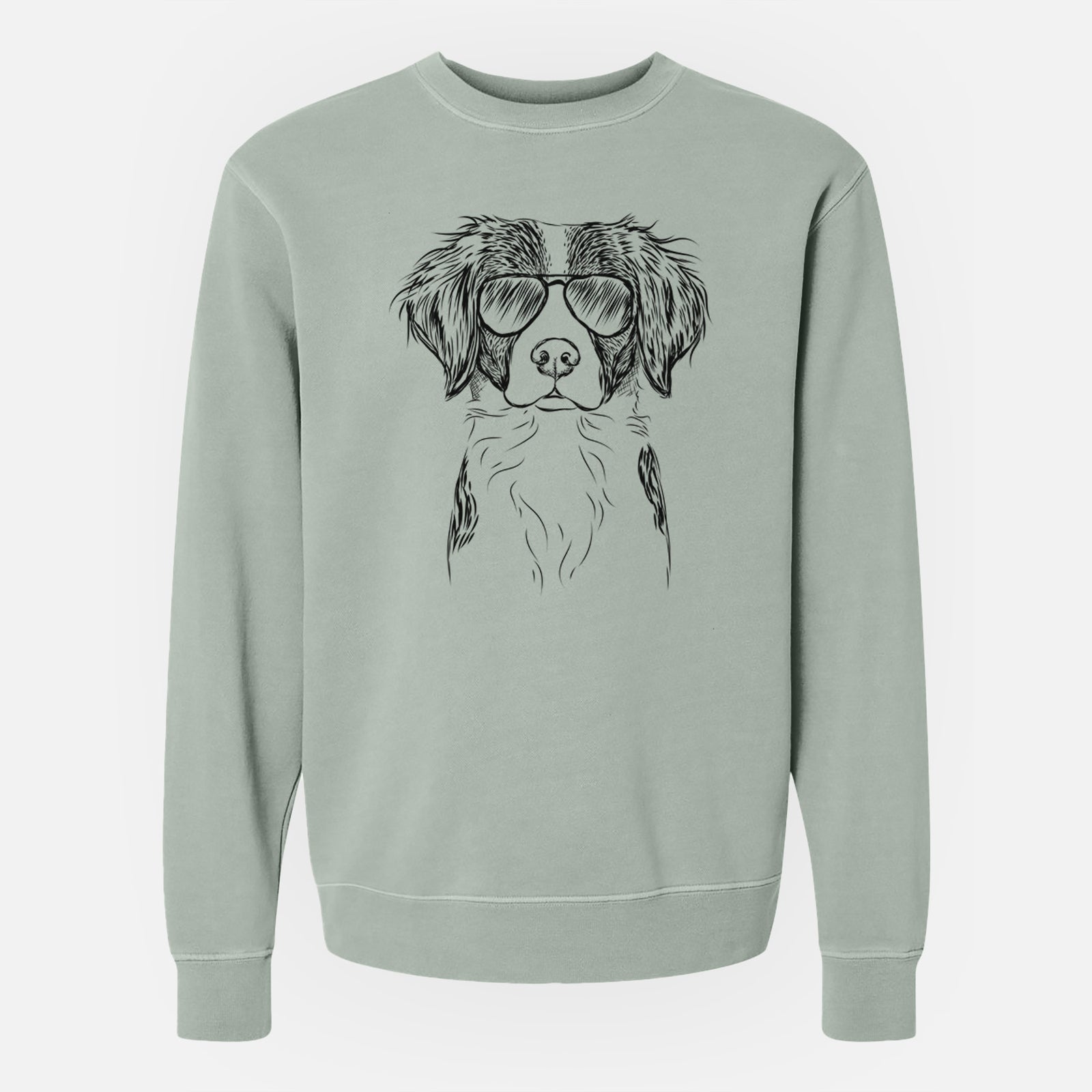 Hand-drawn sketch of Remi the Brittany wearing aviator sunglasses on a Sage Unisex pigment dyed crew sweatshirt