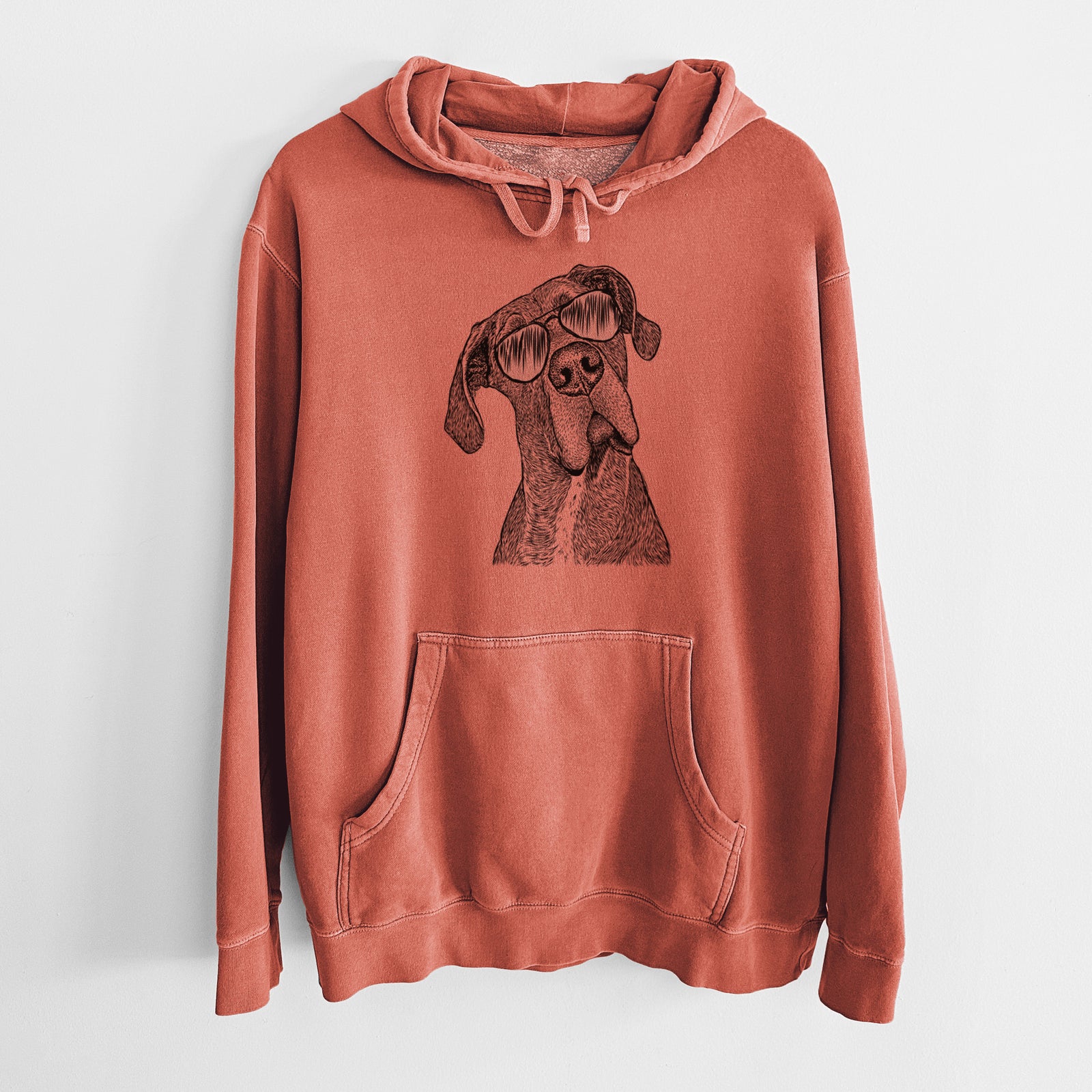 Hand-drawn sketch of River the Great Dane wearing aviator sunglasses on an Amber Unisex pigment dyed hoodie