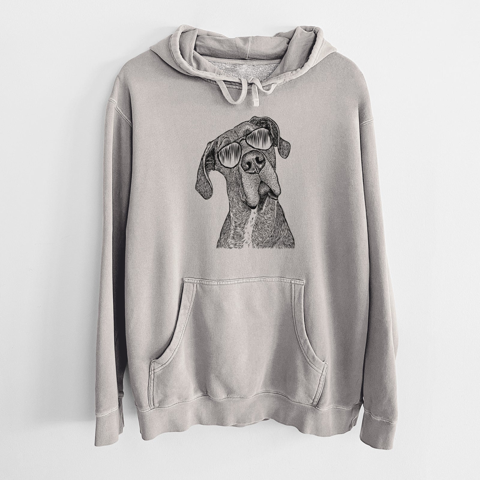 Hand-drawn sketch of River the Great Dane wearing aviator sunglasses on a Cement Unisex pigment dyed hoodie
