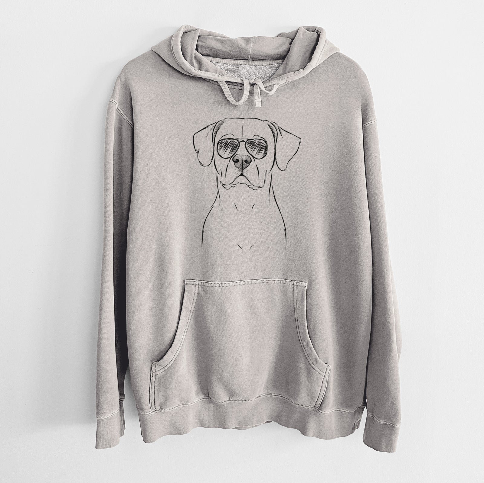 Hand-drawn sketch of Rufio the Dogo Argentino wearing aviator sunglasses on a Cement Unisex pigment dyed hoodie