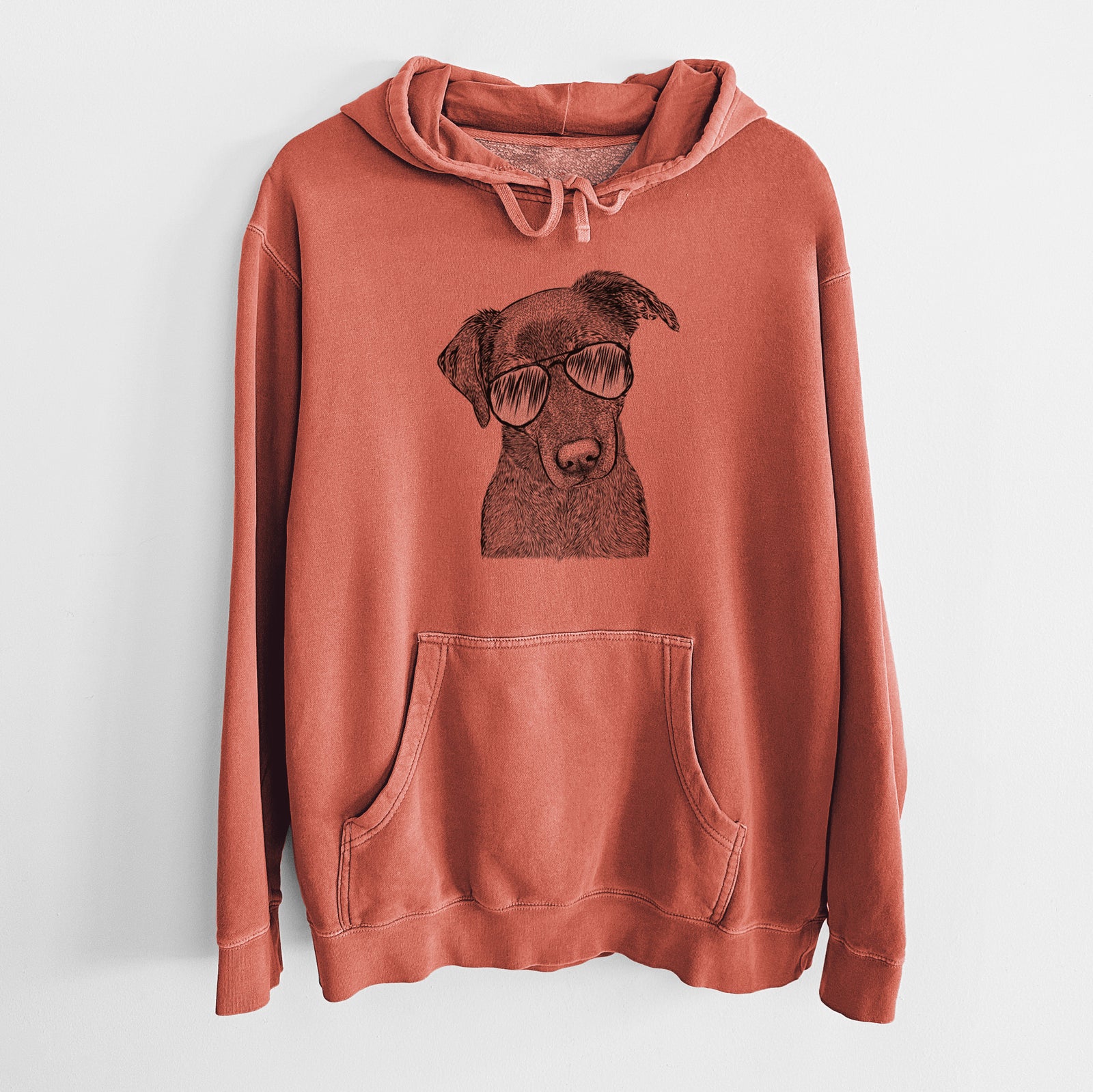 Hand-drawn sketch of Sadie the Whipador wearing aviator sunglasses on an Amber Unisex pigment dyed hoodie
