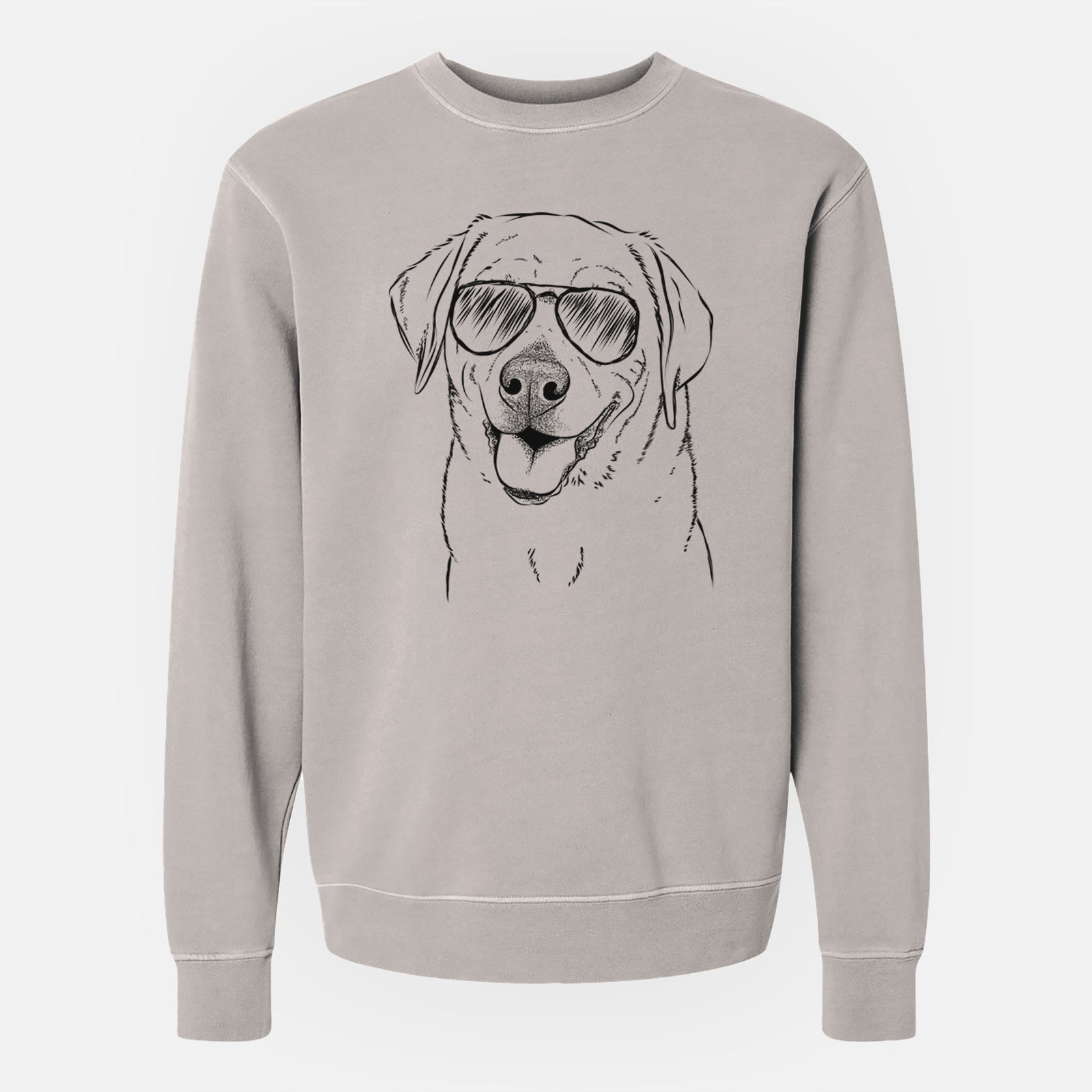 Hand-drawn sketch of Sanford the Labrador Retriever wearing aviator sunglasses on a Cement Unisex pigment dyed crew sweatshirt