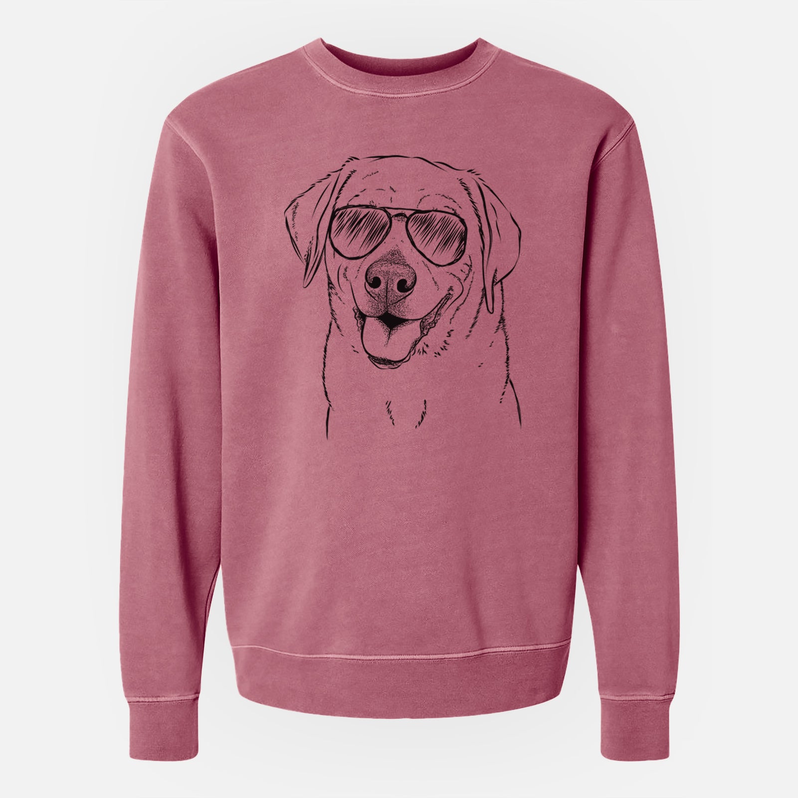 Hand-drawn sketch of Sanford the Labrador Retriever wearing aviator sunglasses on a Maroon Unisex pigment dyed crew sweatshirt