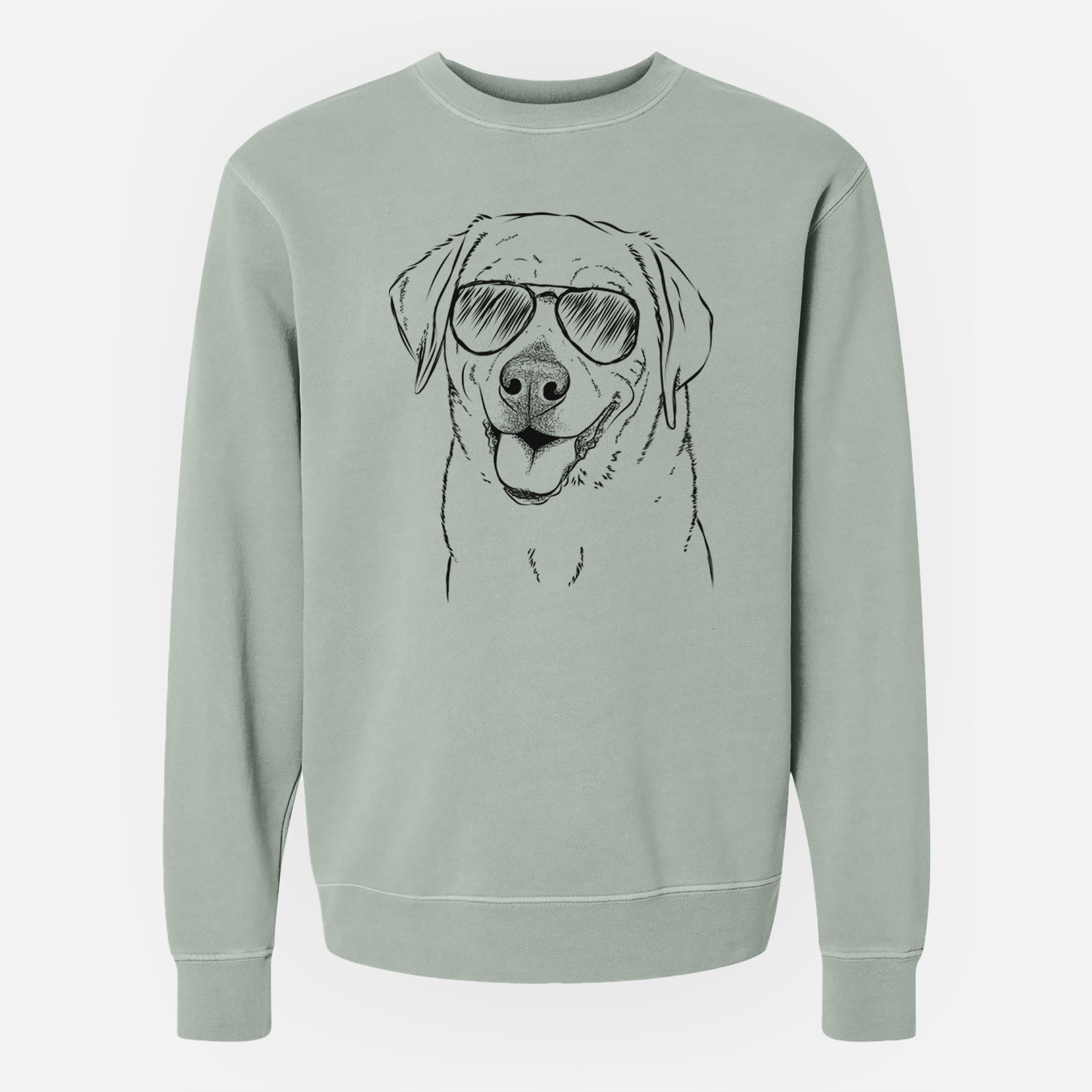 Hand-drawn sketch of Sanford the Labrador Retriever wearing aviator sunglasses on a Sage Unisex pigment dyed crew sweatshirt