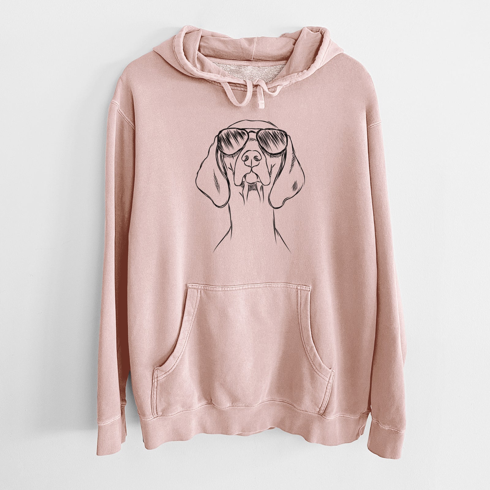 Hand-drawn sketch of Sawyer the Vizsla wearing aviator sunglasses on a Dusty Pink Unisex pigment dyed hoodie