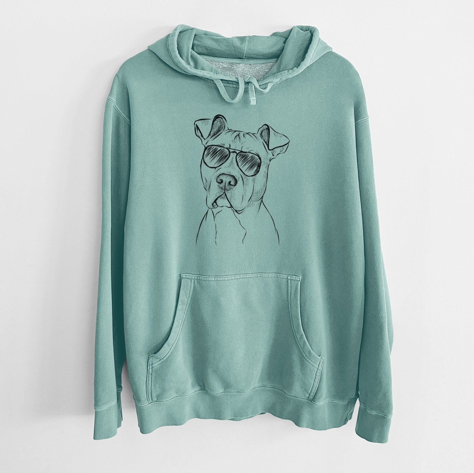Hand-drawn sketch of Scraps the American Staffordshire Mix wearing aviator sunglasses on a Mint Unisex pigment dyed hoodie