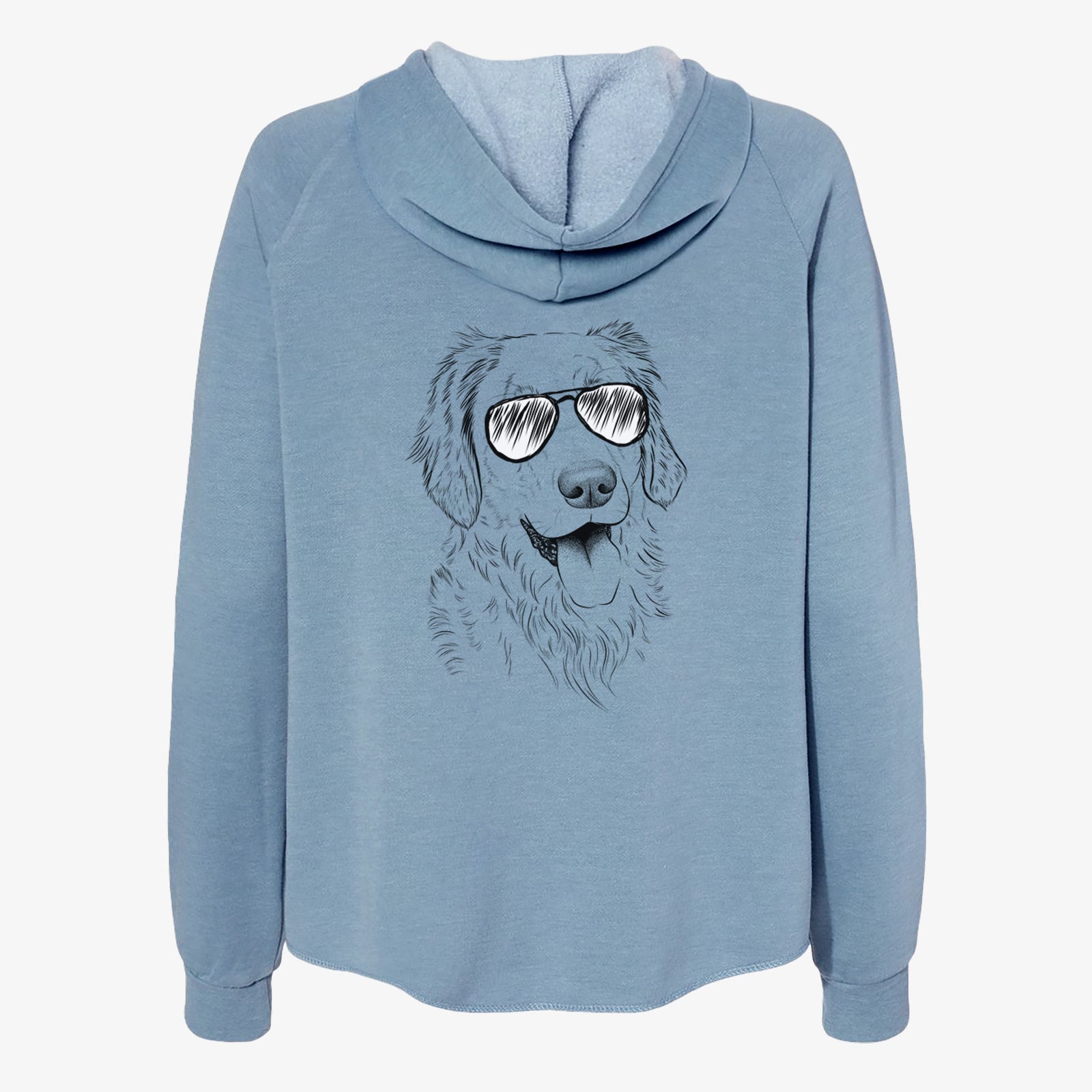 Hand-drawn sketch of Semba the Golden Retriever wearing aviator sunglasses on a Misty Blue Women's cali wave zip-up sweatshirt