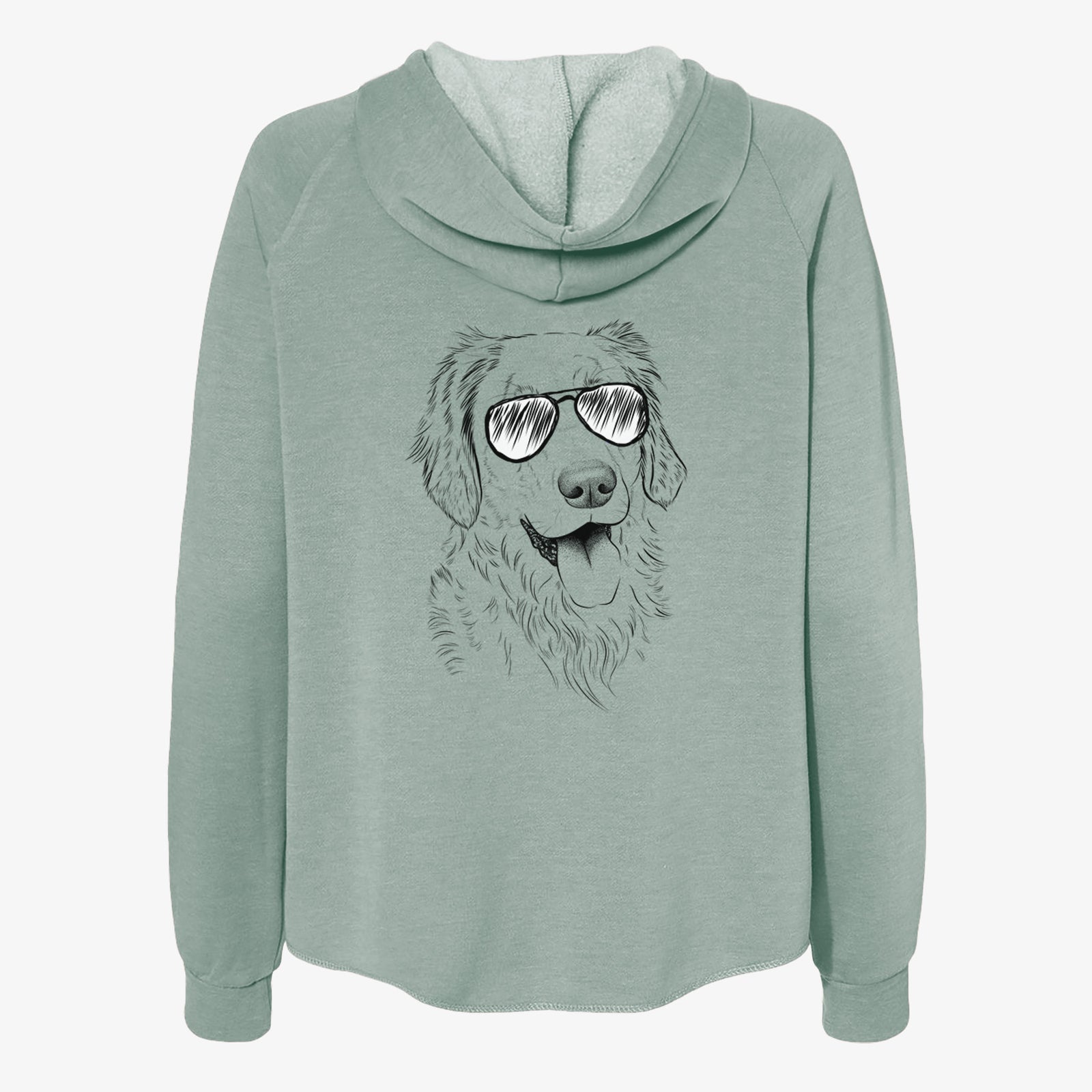 Hand-drawn sketch of Semba the Golden Retriever wearing aviator sunglasses on a Sage Women's cali wave zip-up sweatshirt