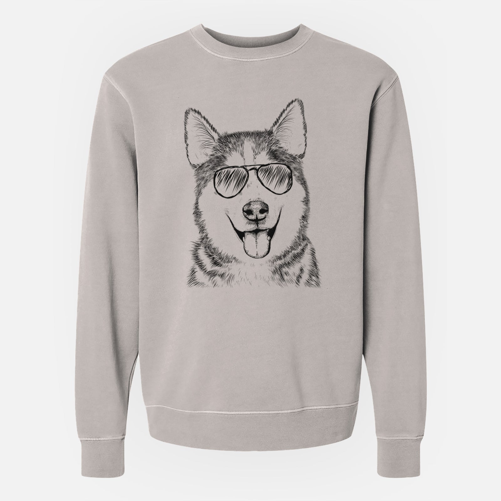 Hand-drawn sketch of Sesi the Siberian Husky wearing aviator sunglasses on a Cement Unisex pigment dyed crew sweatshirt