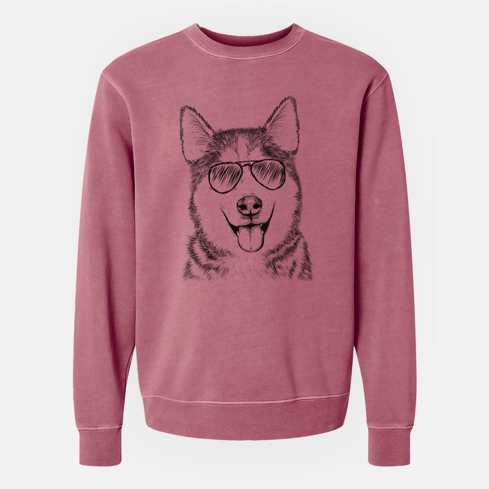 Hand-drawn sketch of Sesi the Siberian Husky wearing aviator sunglasses on a Maroon Unisex pigment dyed crew sweatshirt