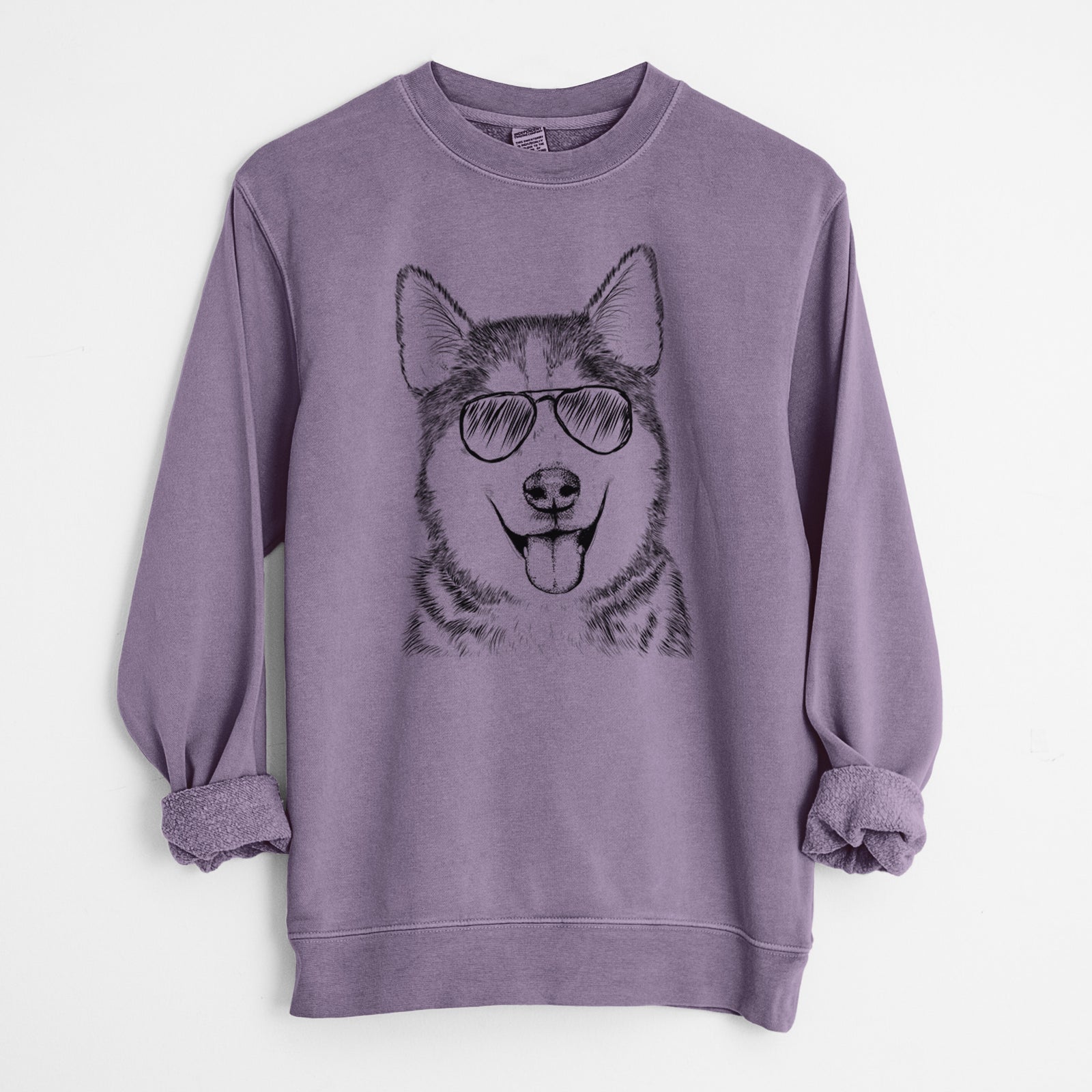 Hand-drawn sketch of Sesi the Siberian Husky wearing aviator sunglasses on a Plum Unisex pigment dyed crew sweatshirt