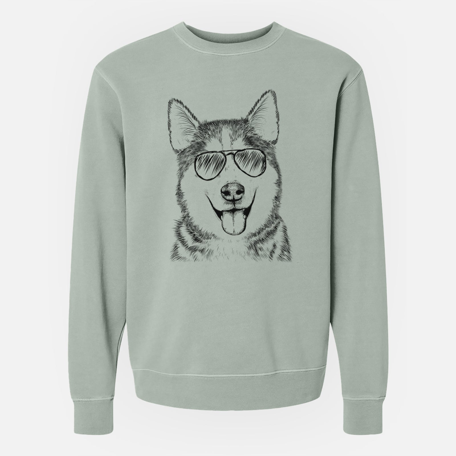 Hand-drawn sketch of Sesi the Siberian Husky wearing aviator sunglasses on a Sage Unisex pigment dyed crew sweatshirt