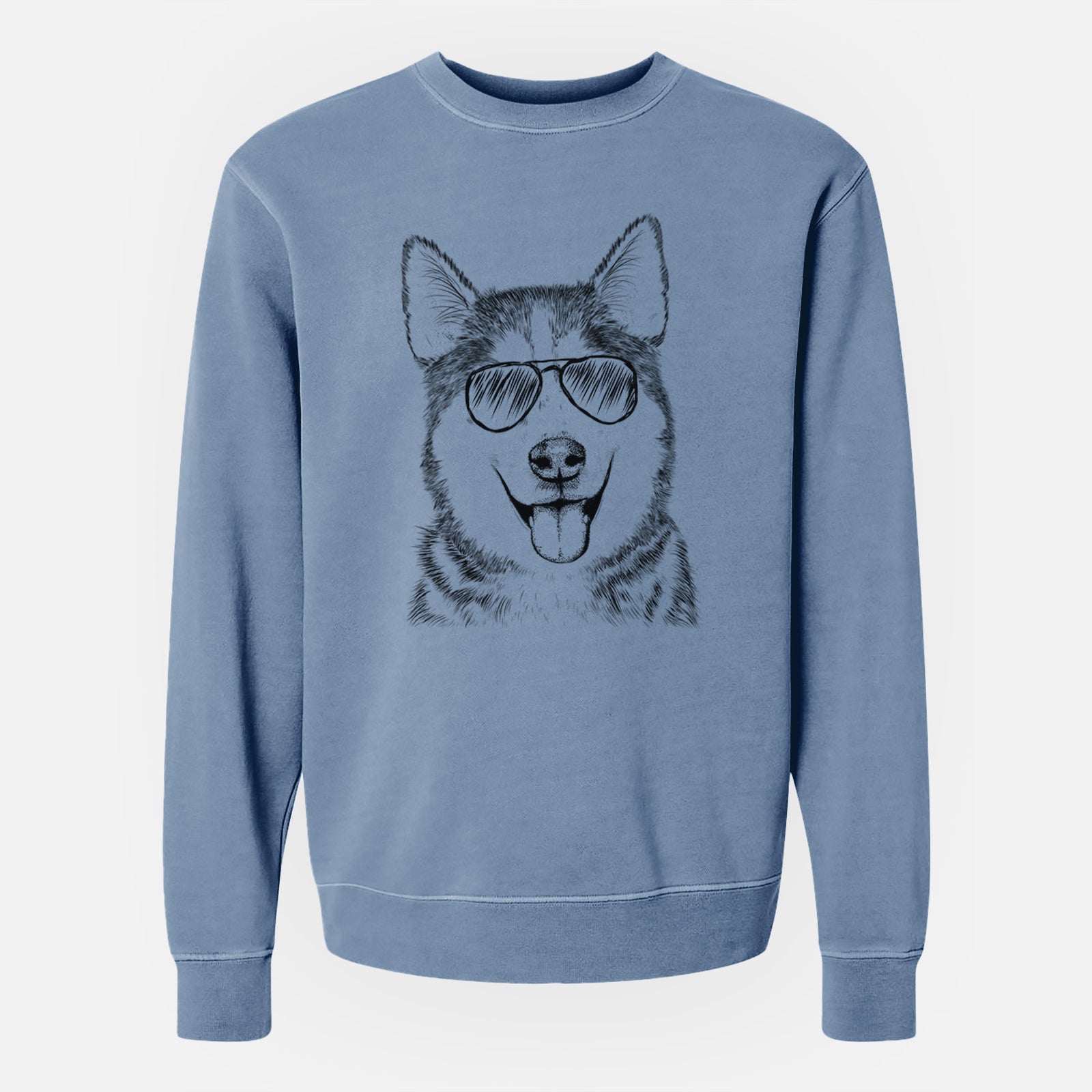 Hand-drawn sketch of Sesi the Siberian Husky wearing aviator sunglasses on a Slate Blue Unisex pigment dyed crew sweatshirt