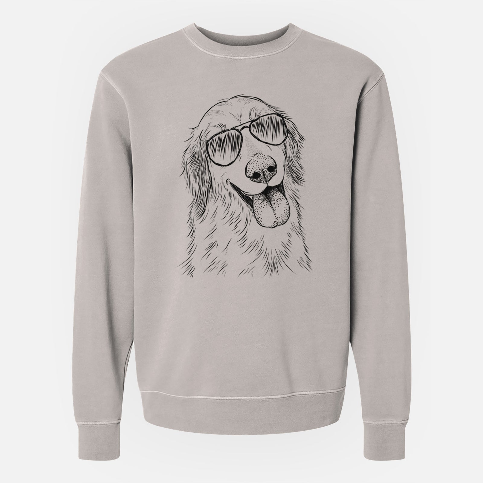 Hand-drawn sketch of Shelby the Golden Retriever wearing aviator sunglasses on a Cement Unisex pigment dyed crew sweatshirt