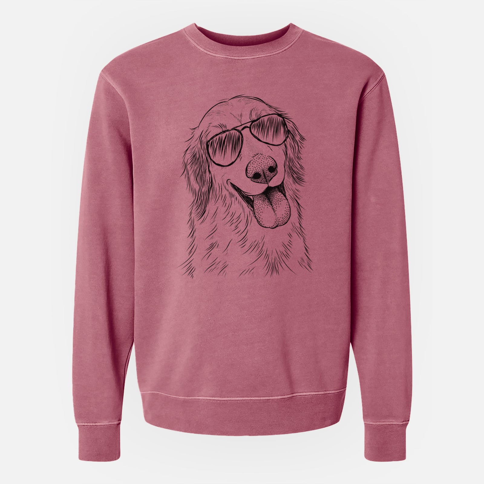 Hand-drawn sketch of Shelby the Golden Retriever wearing aviator sunglasses on a Maroon Unisex pigment dyed crew sweatshirt
