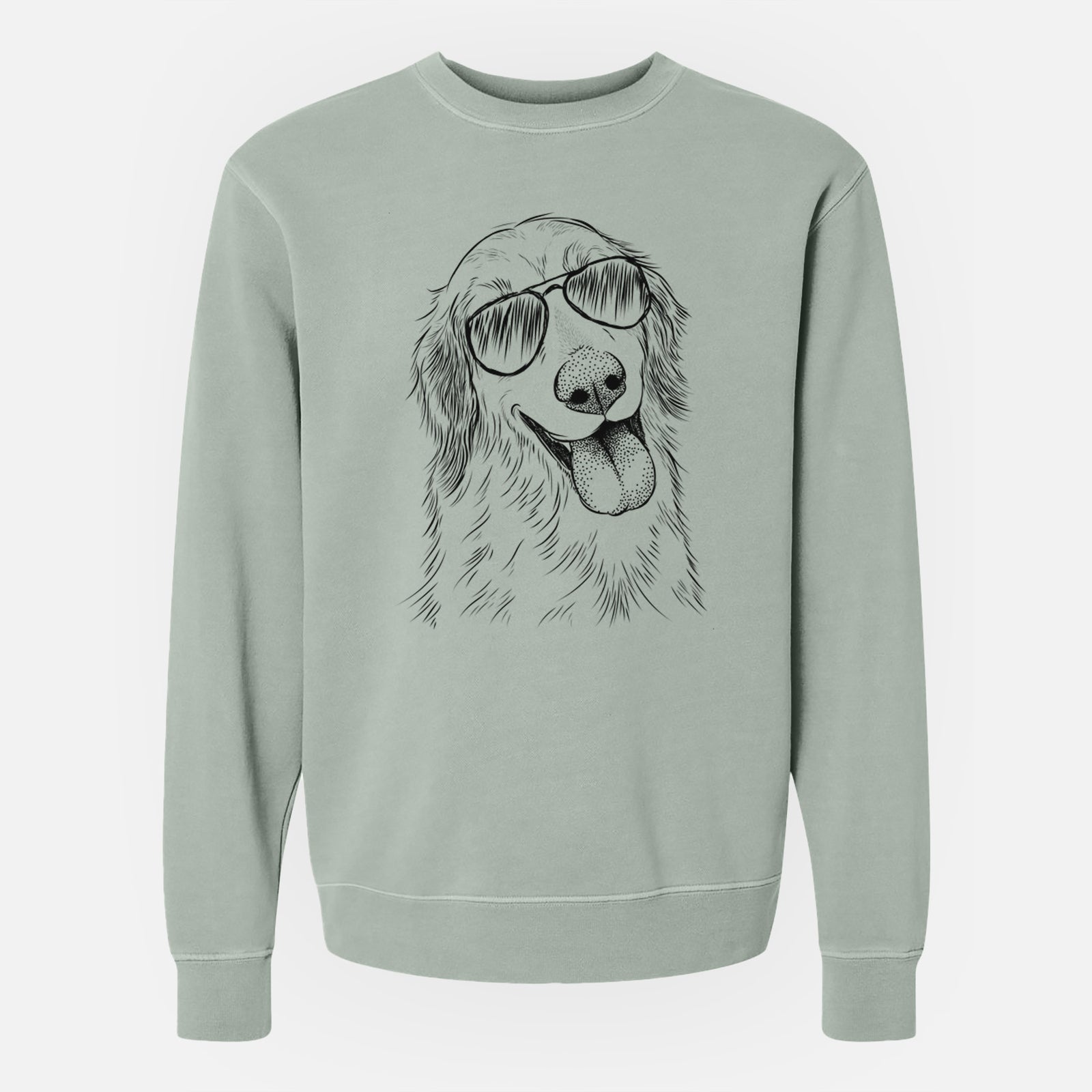 Hand-drawn sketch of Shelby the Golden Retriever wearing aviator sunglasses on a Sage Unisex pigment dyed crew sweatshirt