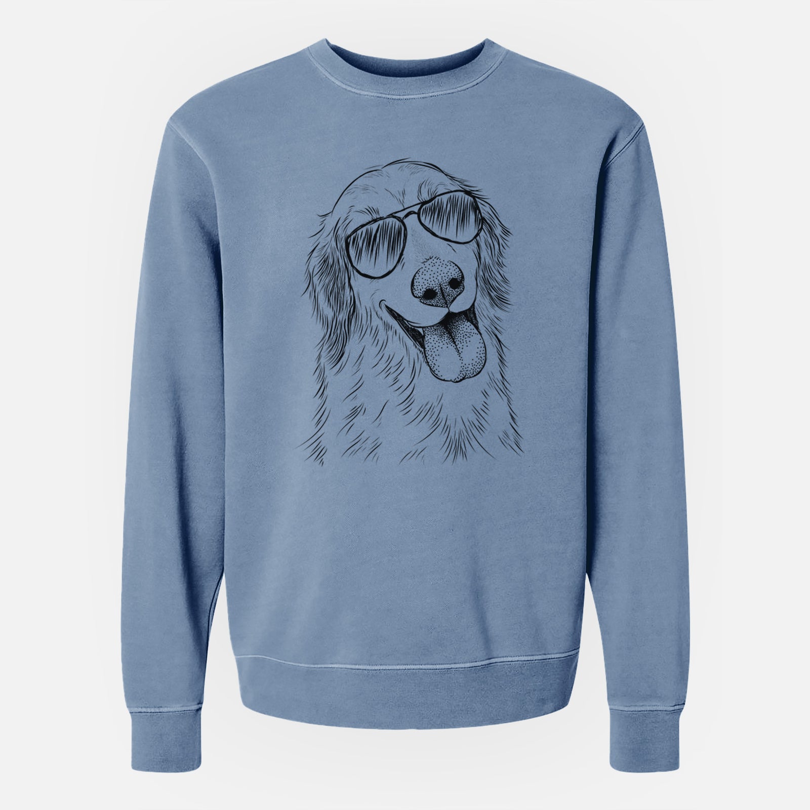 Hand-drawn sketch of Shelby the Golden Retriever wearing aviator sunglasses on a Slate Blue Unisex pigment dyed crew sweatshirt