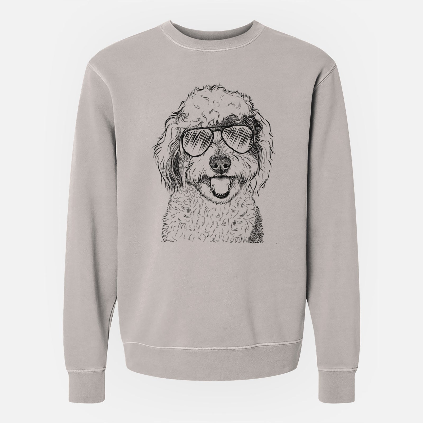 Hand-drawn sketch of Sherlock the Sheepadoodle wearing aviator sunglasses on a Cement Unisex pigment dyed crew sweatshirt