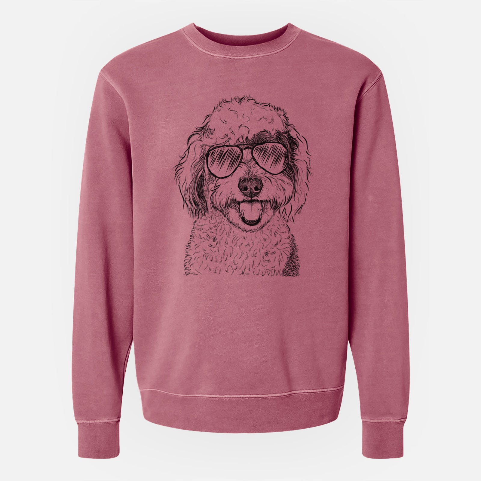 Hand-drawn sketch of Sherlock the Sheepadoodle wearing aviator sunglasses on a Maroon Unisex pigment dyed crew sweatshirt