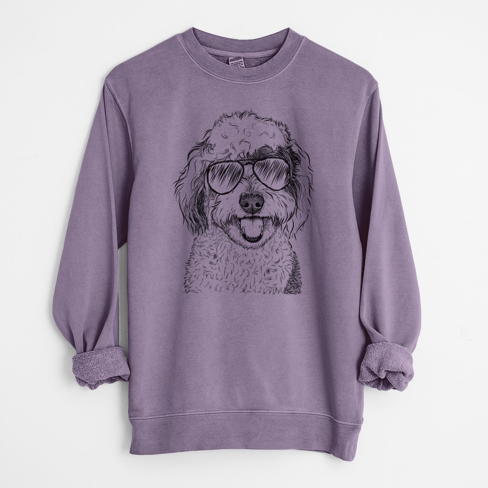 Hand-drawn sketch of Sherlock the Sheepadoodle wearing aviator sunglasses on a Plum Unisex pigment dyed crew sweatshirt