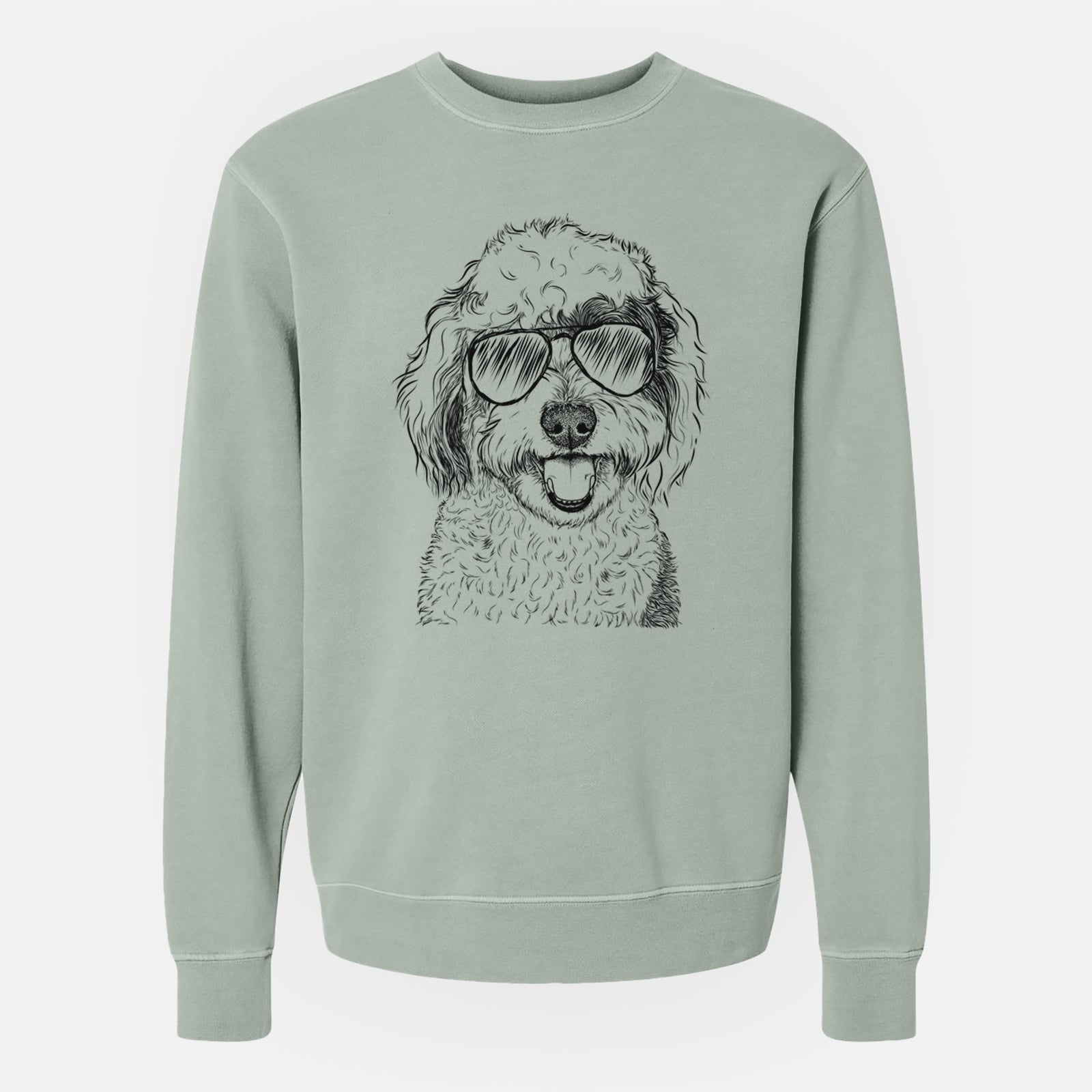 Hand-drawn sketch of Sherlock the Sheepadoodle wearing aviator sunglasses on a Sage Unisex pigment dyed crew sweatshirt