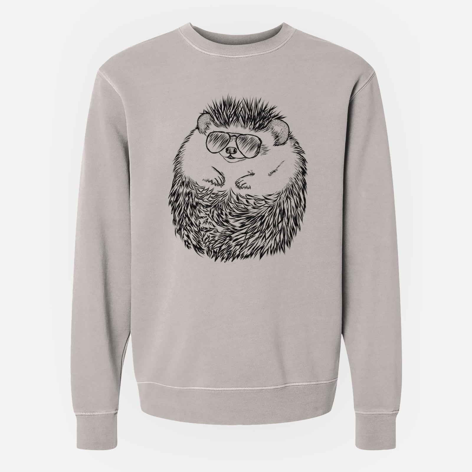 Hand-drawn sketch of Sid the Hedgehog wearing aviator sunglasses on a Cement Unisex pigment dyed crew sweatshirt