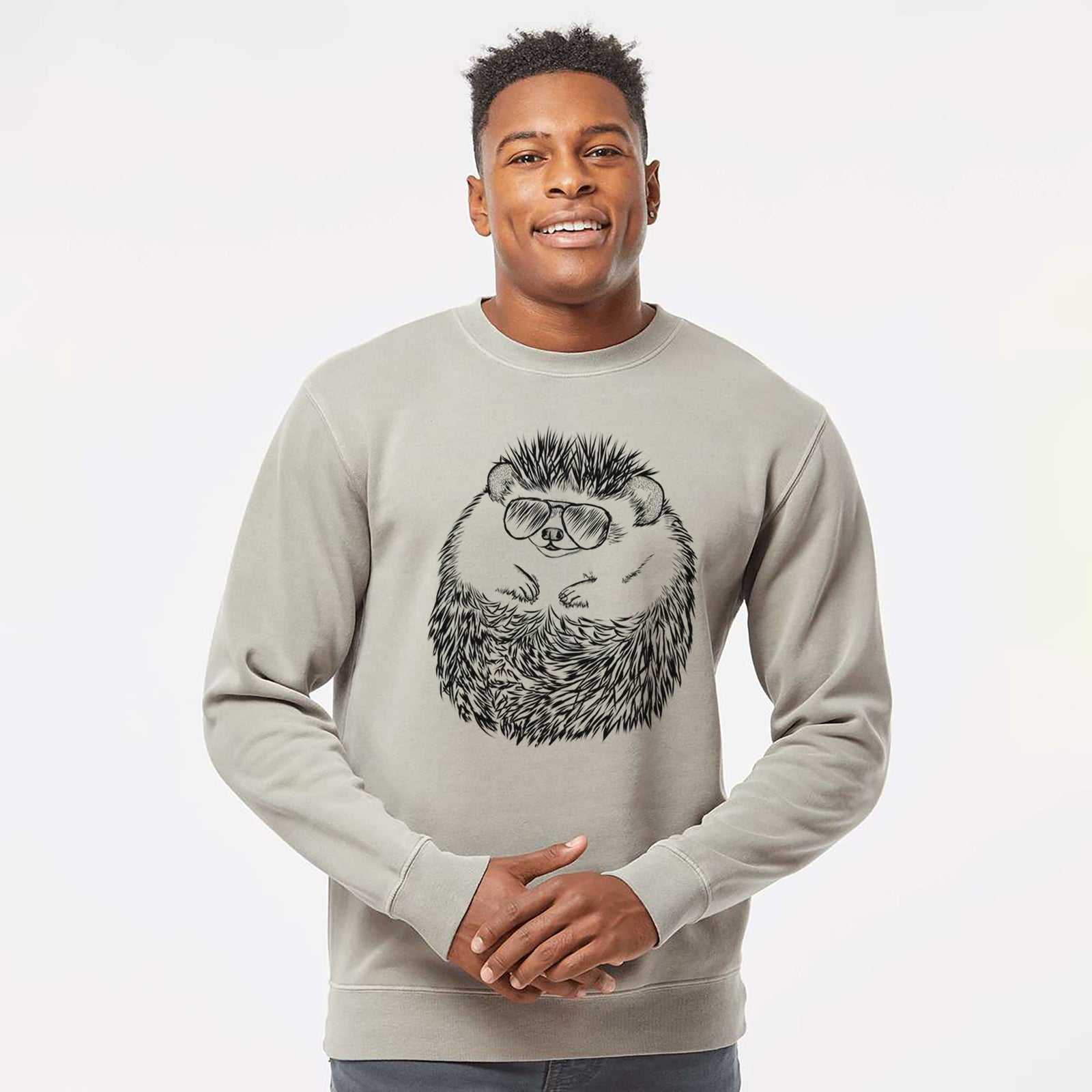Hand-drawn sketch of Sid the Hedgehog wearing aviator sunglasses on a Cement Unisex pigment dyed crew sweatshirt