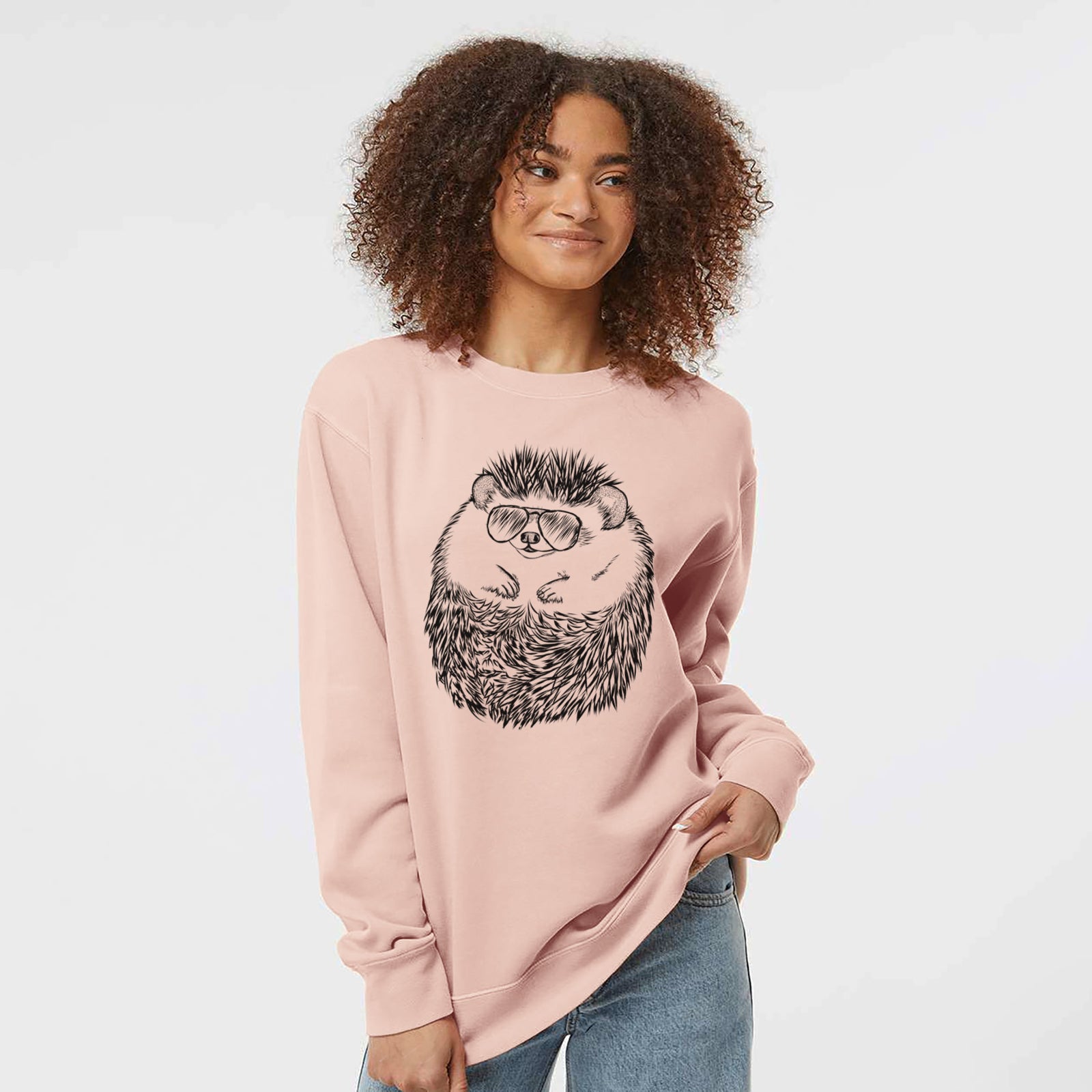 Hand-drawn sketch of Sid the Hedgehog wearing aviator sunglasses on a Dusty Pink Unisex pigment dyed crew sweatshirt