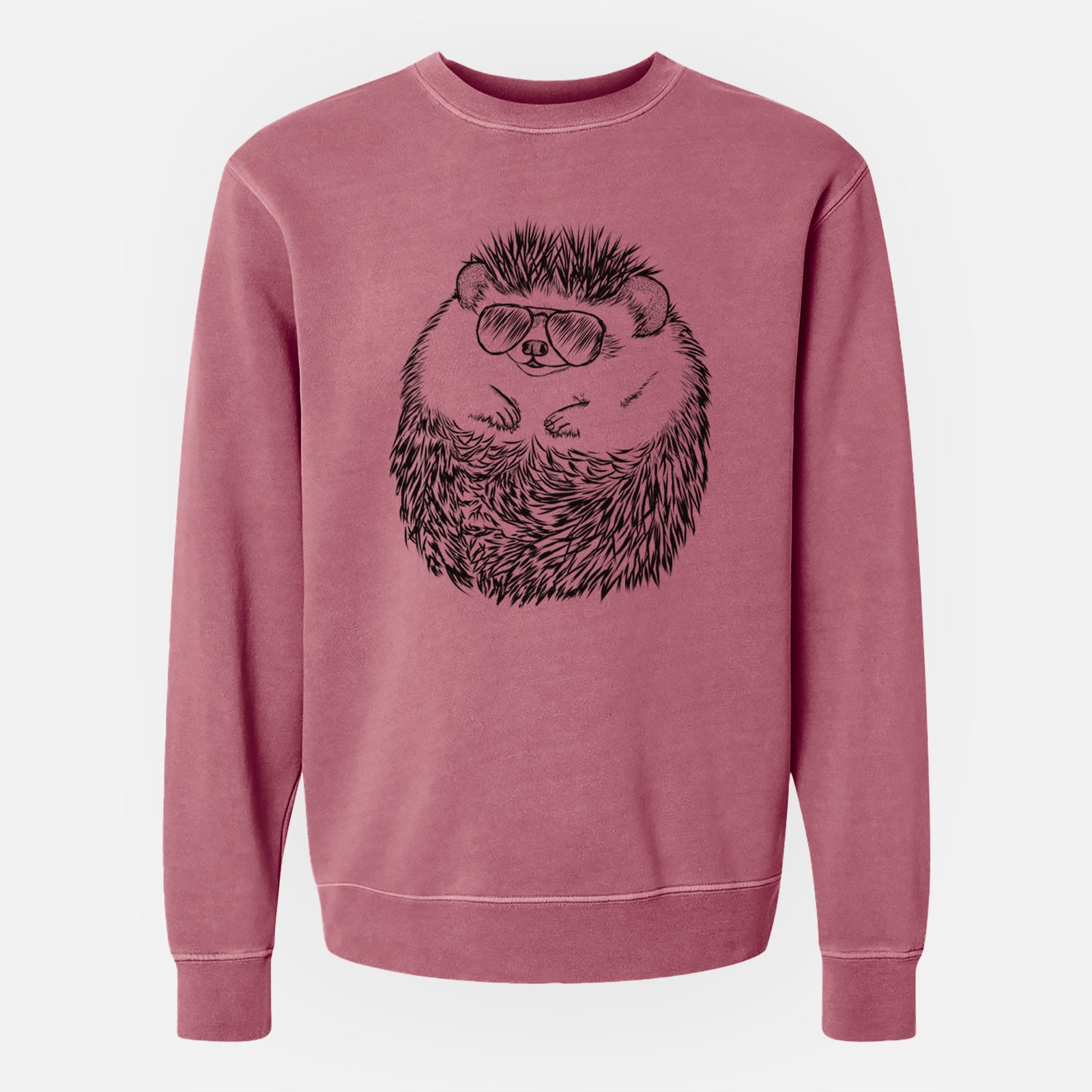 Hand-drawn sketch of Sid the Hedgehog wearing aviator sunglasses on a Maroon Unisex pigment dyed crew sweatshirt