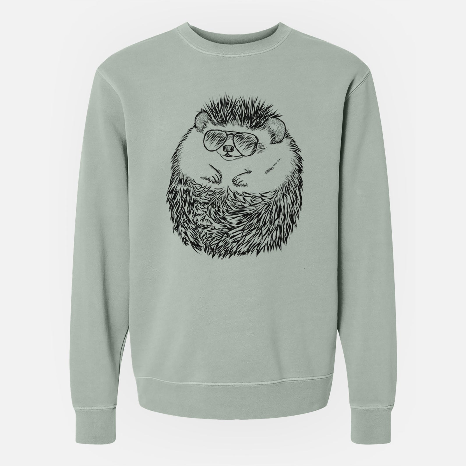 Hand-drawn sketch of Sid the Hedgehog wearing aviator sunglasses on a Sage Unisex pigment dyed crew sweatshirt