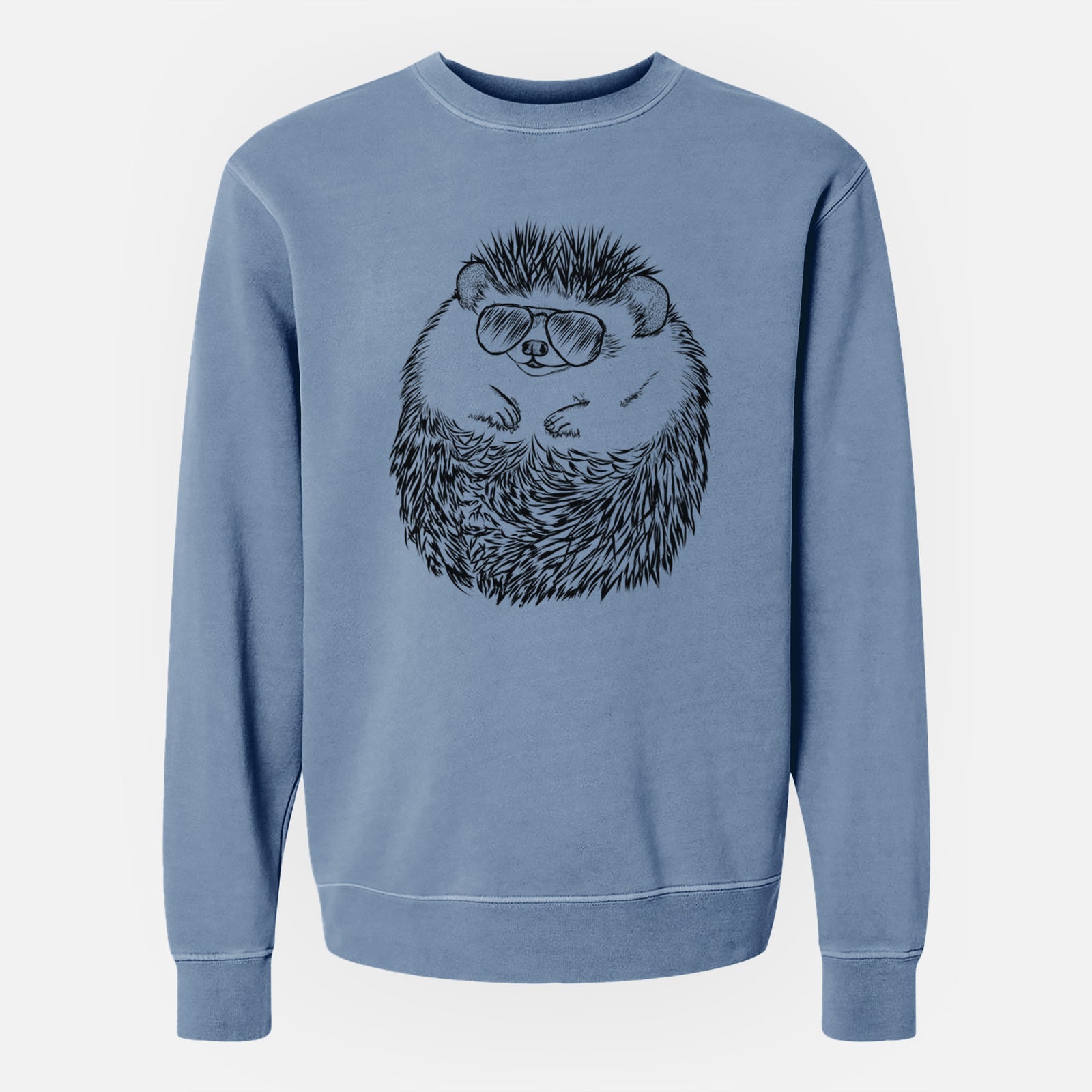 Hand-drawn sketch of Sid the Hedgehog wearing aviator sunglasses on a Slate Blue Unisex pigment dyed crew sweatshirt