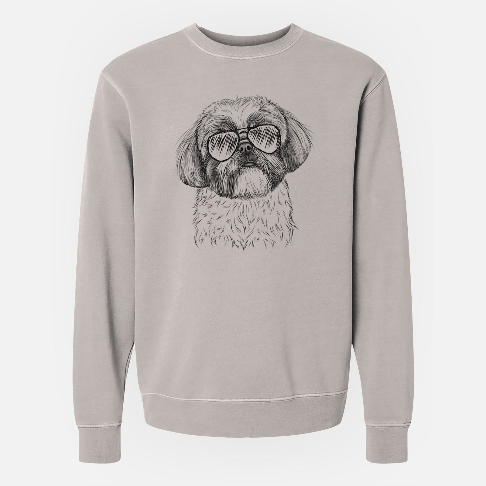 Hand-drawn sketch of Simon the Shih Tzu wearing aviator sunglasses on a Cement Unisex pigment dyed crew sweatshirt