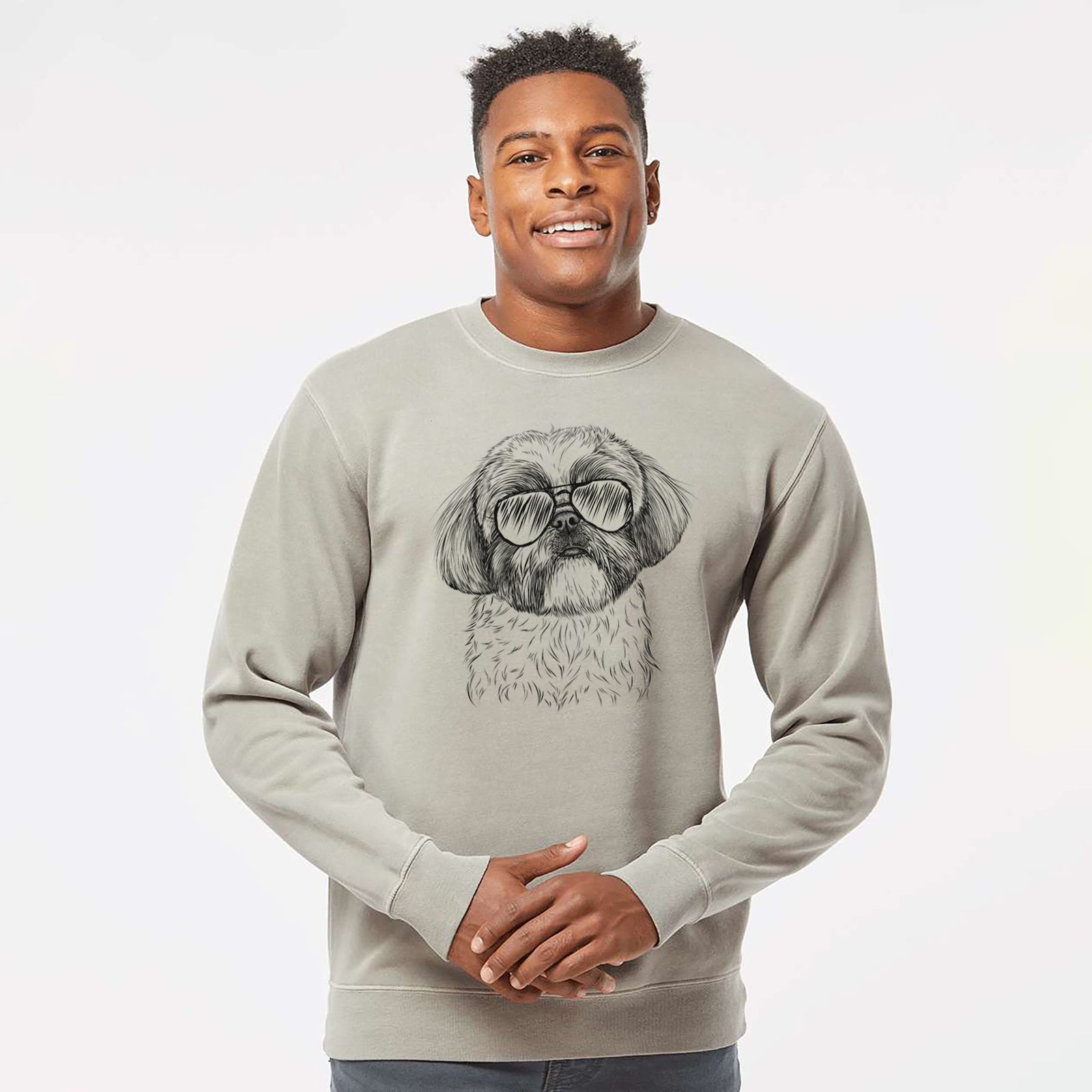 Hand-drawn sketch of Simon the Shih Tzu wearing aviator sunglasses on a Cement Unisex pigment dyed crew sweatshirt