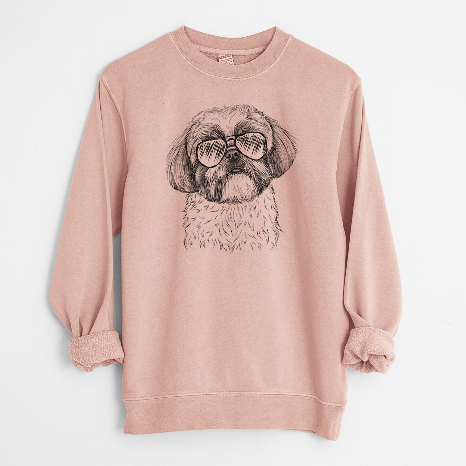 Hand-drawn sketch of Simon the Shih Tzu wearing aviator sunglasses on a Dusty Pink Unisex pigment dyed crew sweatshirt