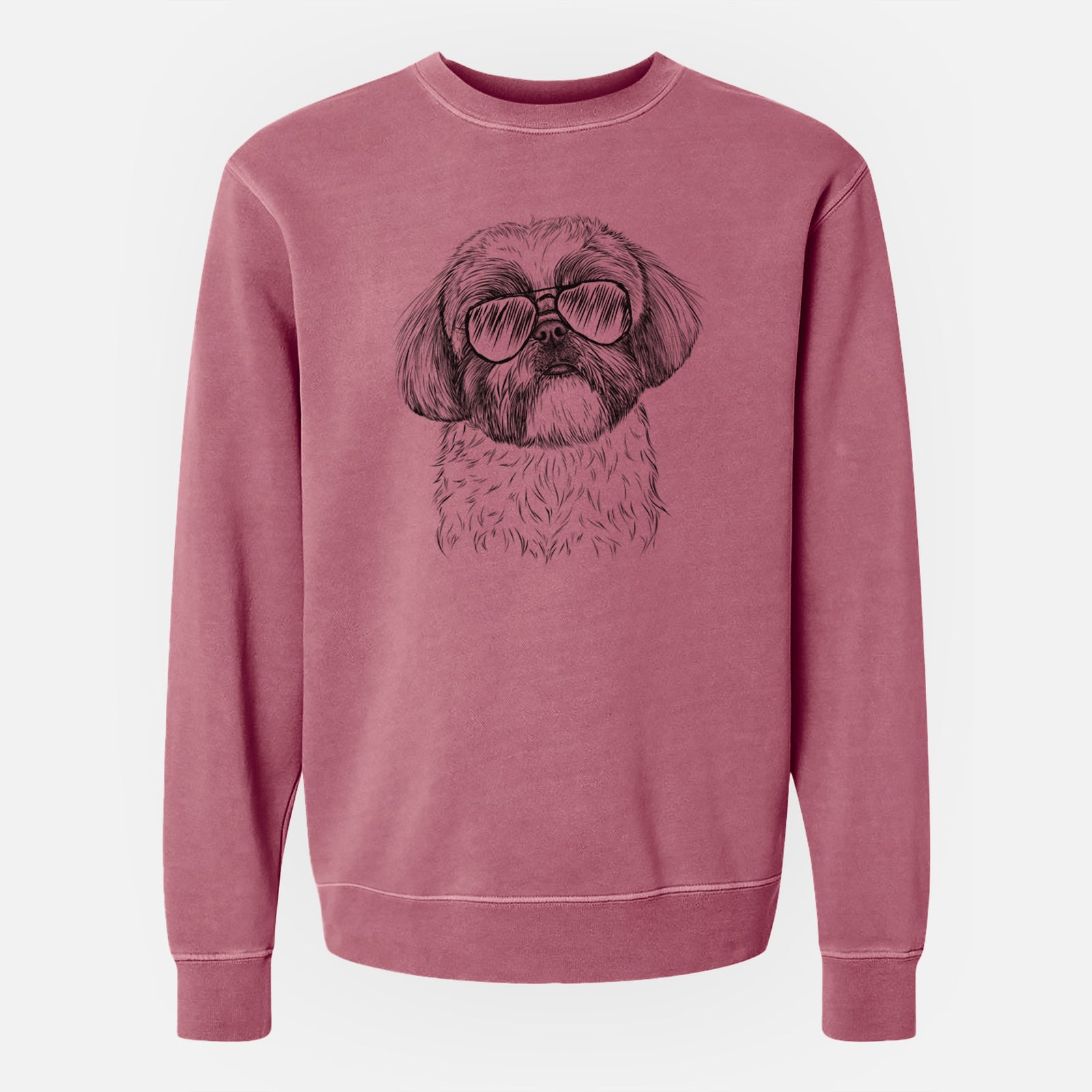 Hand-drawn sketch of Simon the Shih Tzu wearing aviator sunglasses on a Maroon Unisex pigment dyed crew sweatshirt